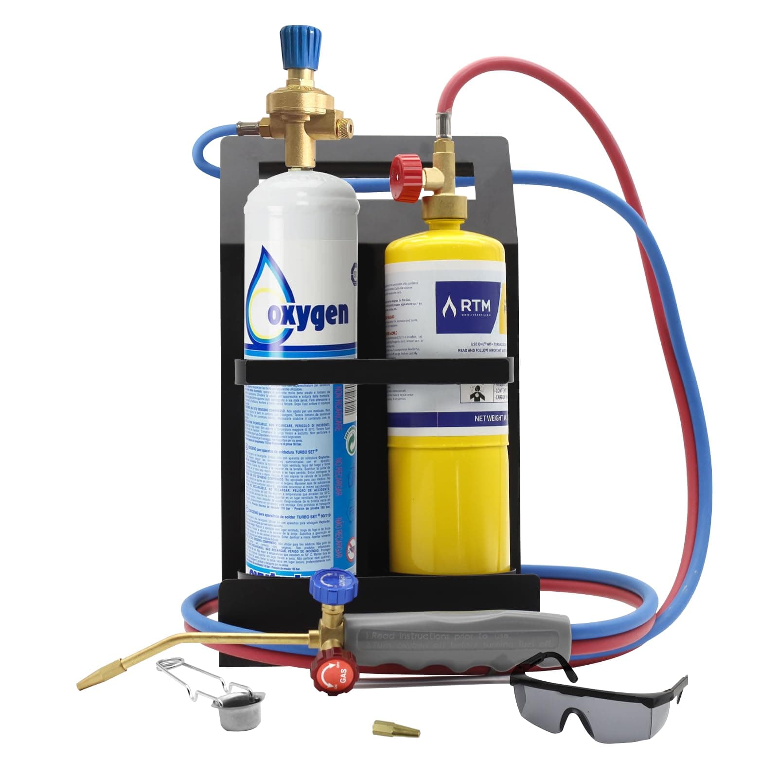 Oxygen MAPP Torch Kit, Tank Support, Glasses and Flint Spark Lighter(Gas Cylinders Not Included)