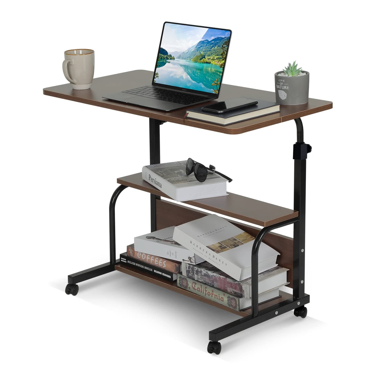 Portable Rolling Desk on Wheels Small Standing Desks Adjustable Height Desks with Wheels for Small Spaces, 32" Computer Desk with Storage Shelves for Home Office Study Brown