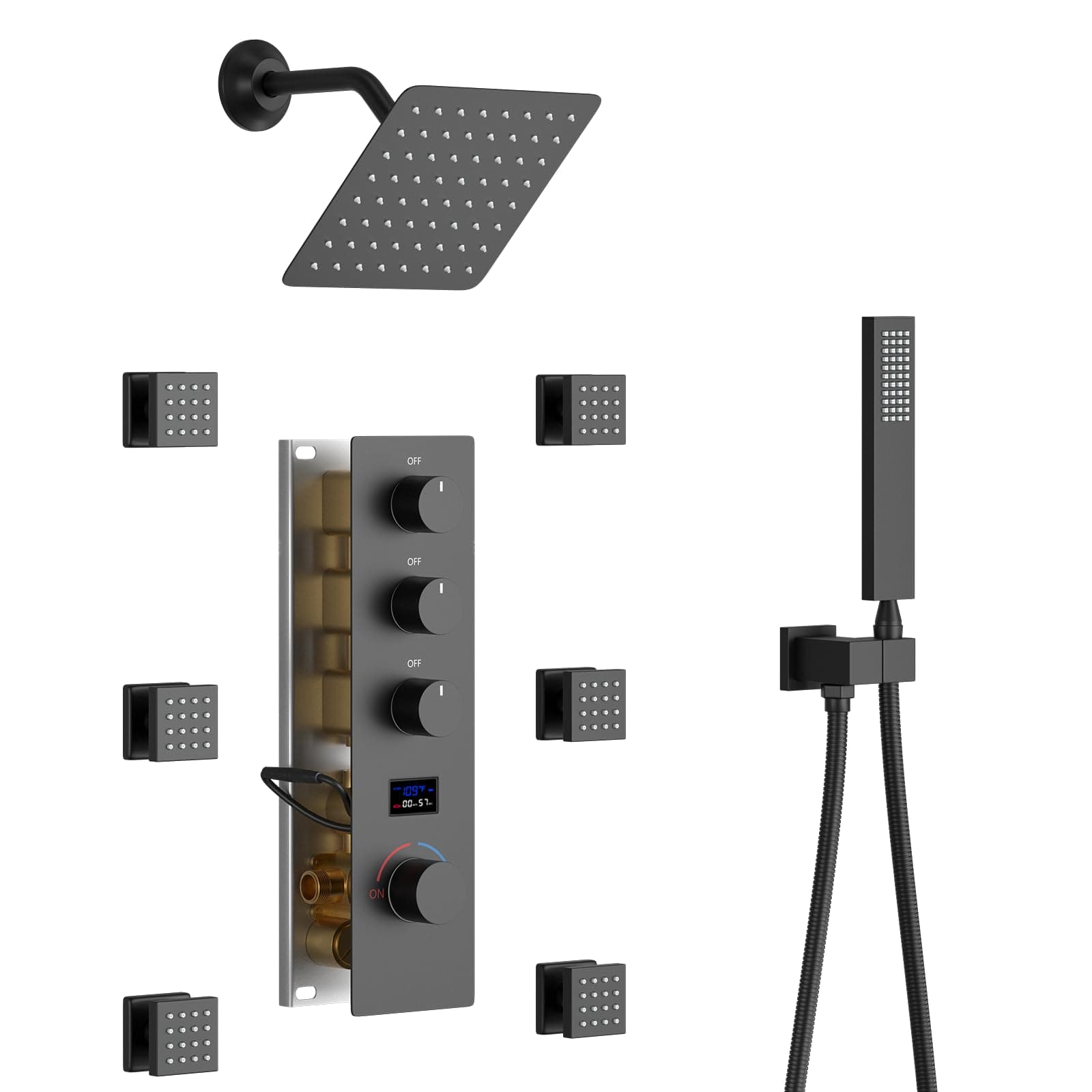 Matte Black Tempreature Display Shower System with 6 PCS Body Jet, 8 inch Wall Mount Shower Head and Handheld Spray