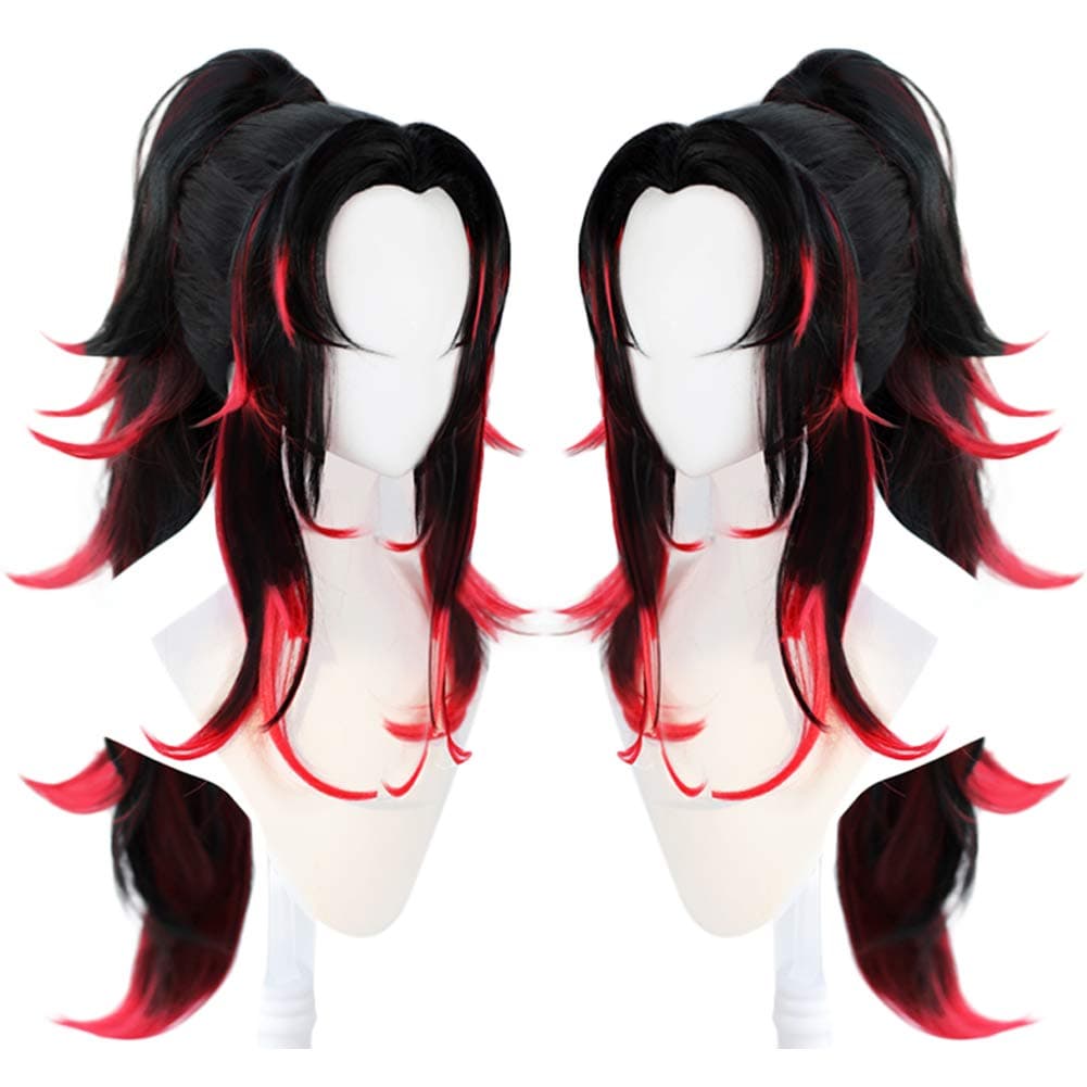 ANOGOL Wig Cap+Multi-Color with Pigtail Wigs Long Wavy cosplay Wig Black and Red Synthetic Wigs for Anime