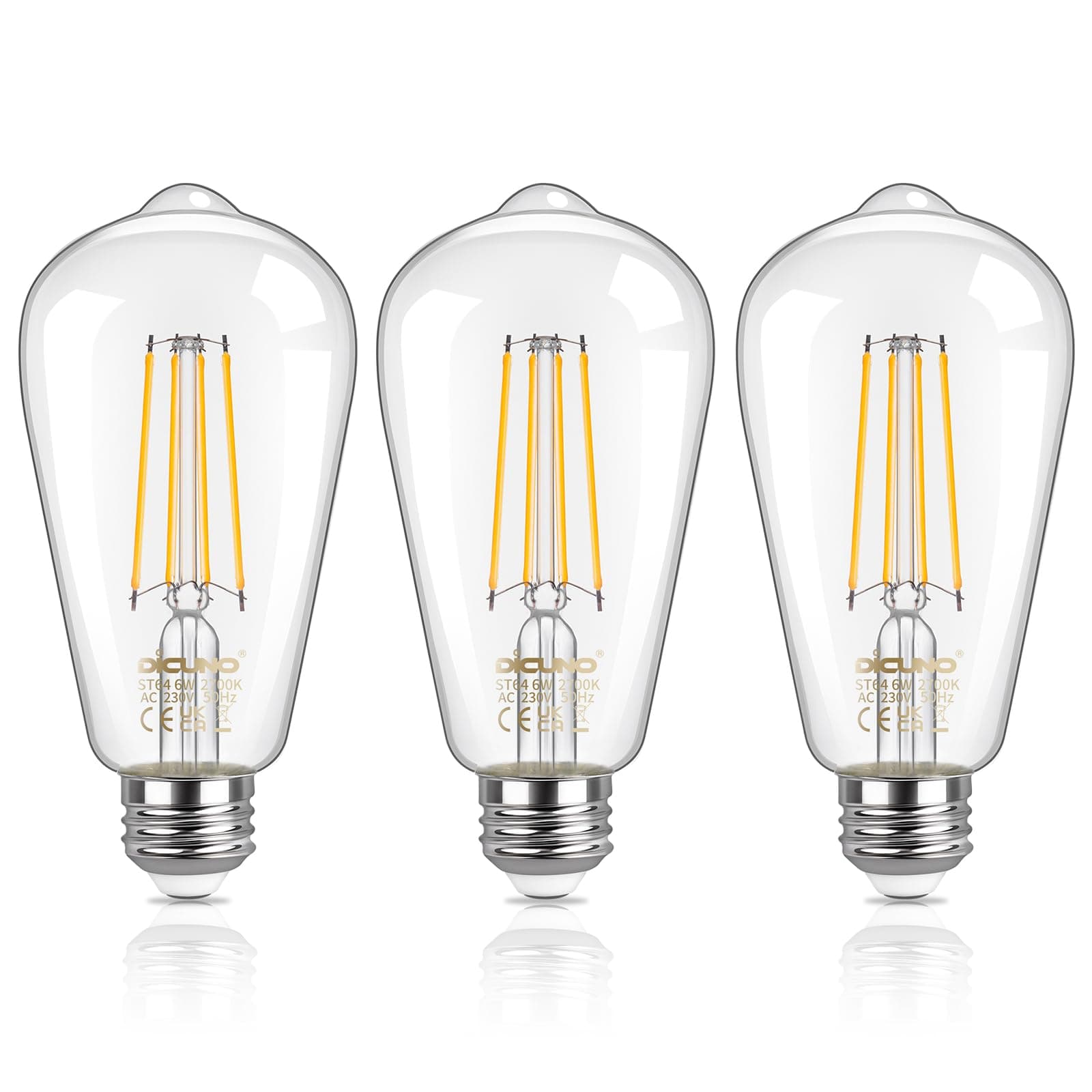DiCUNO Vintage Edison Light Bulb E27 Edison Screw Bulb ST64, 6W Equivalent to 60W, Filament Clear LED Bulb, Warm White 2700K, 810LM, Non-dimmable, 3 Pcs