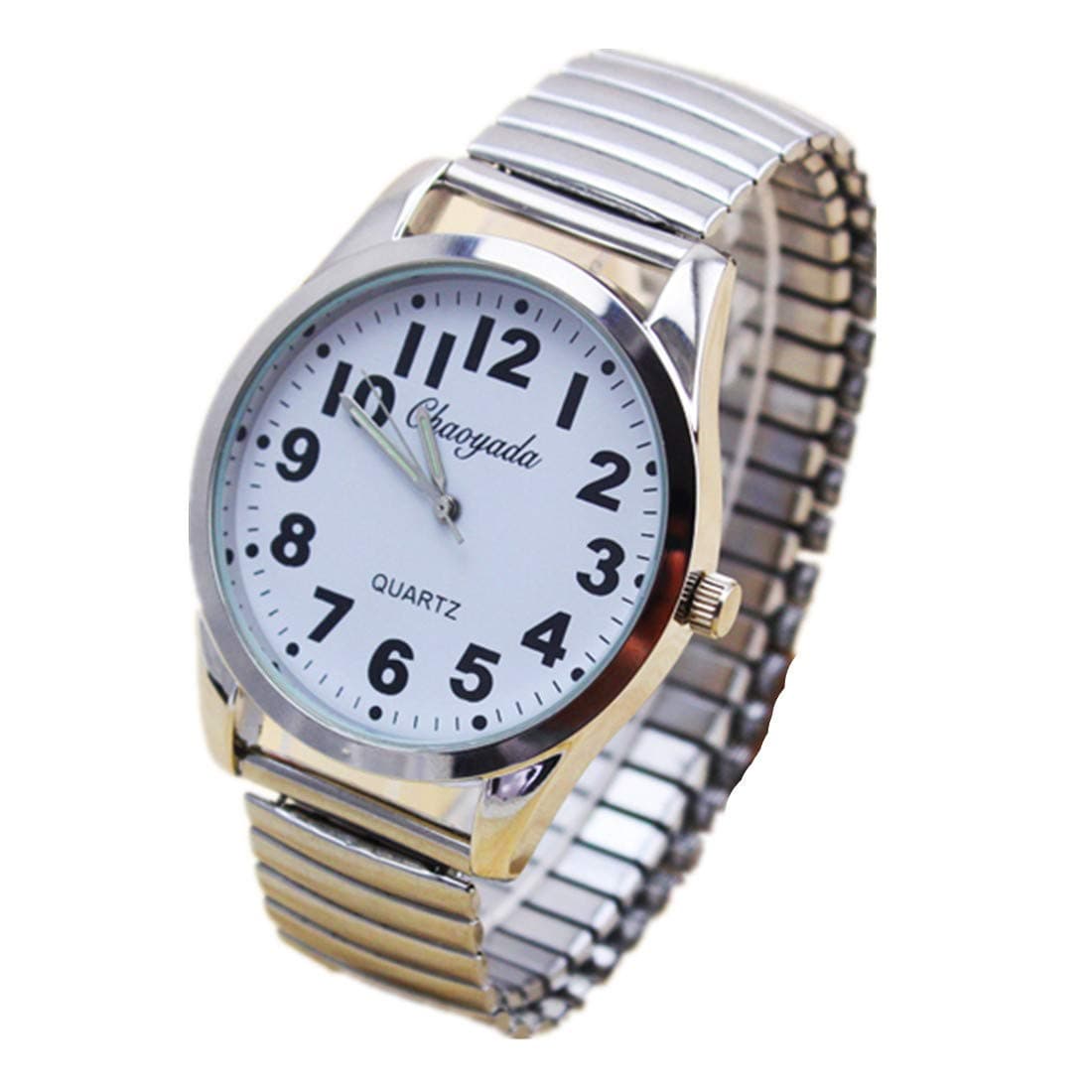 Big Dial Men’s Women's Easy Tto Read Sliver Stainless Steel Digital Watch Spring Strap Bracelet Elastic Wrist Watches (Dial 40 White)