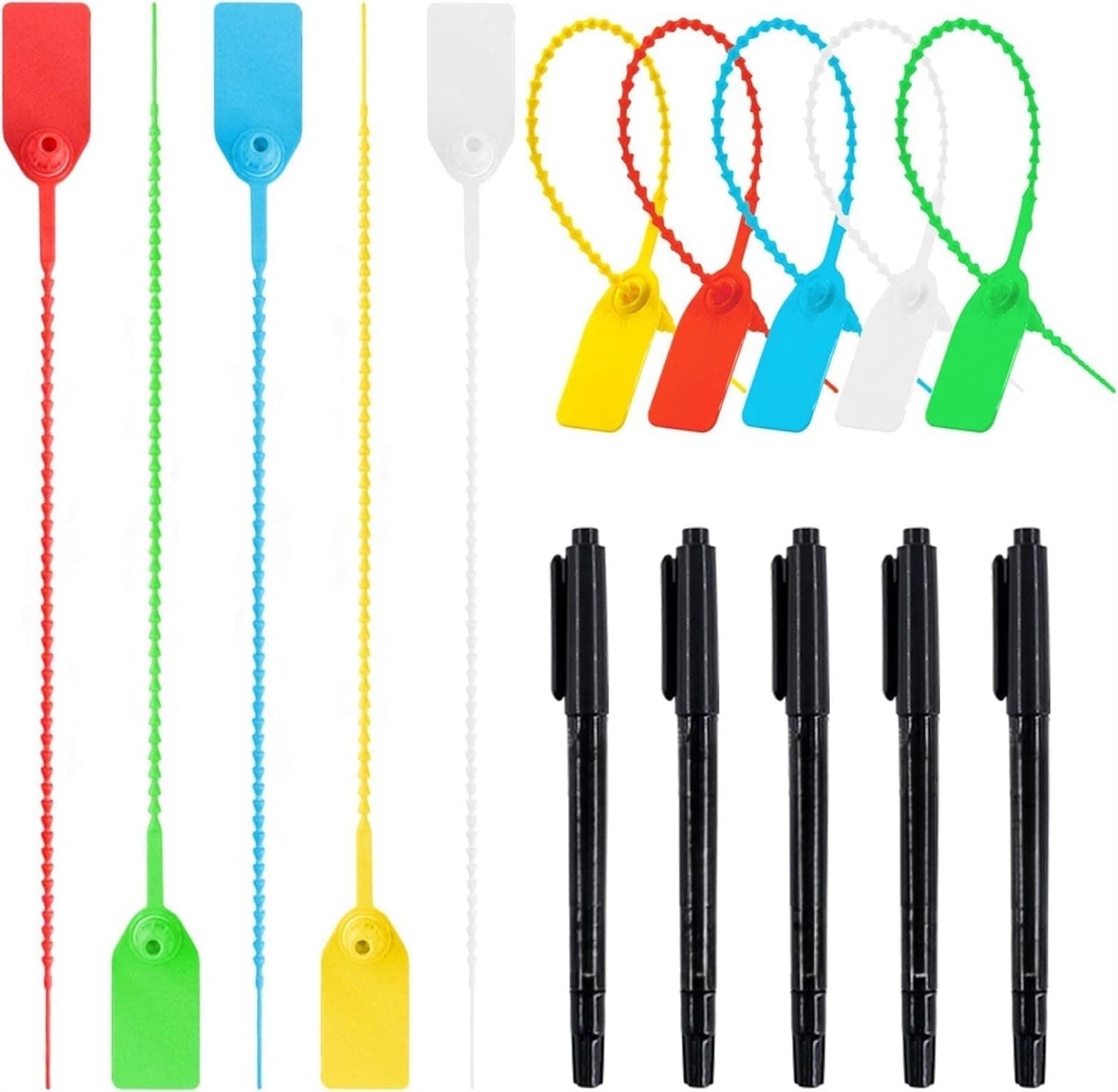 THE WHITE SHOP 105 Pcs Tamper Seals, Security Zip Ties Self-Locking Ties Plastic Tamper Seal Tags Pull for Fire Extinguisher, Plastic Tags with Zip Tie, Red Yellow Blue Green White