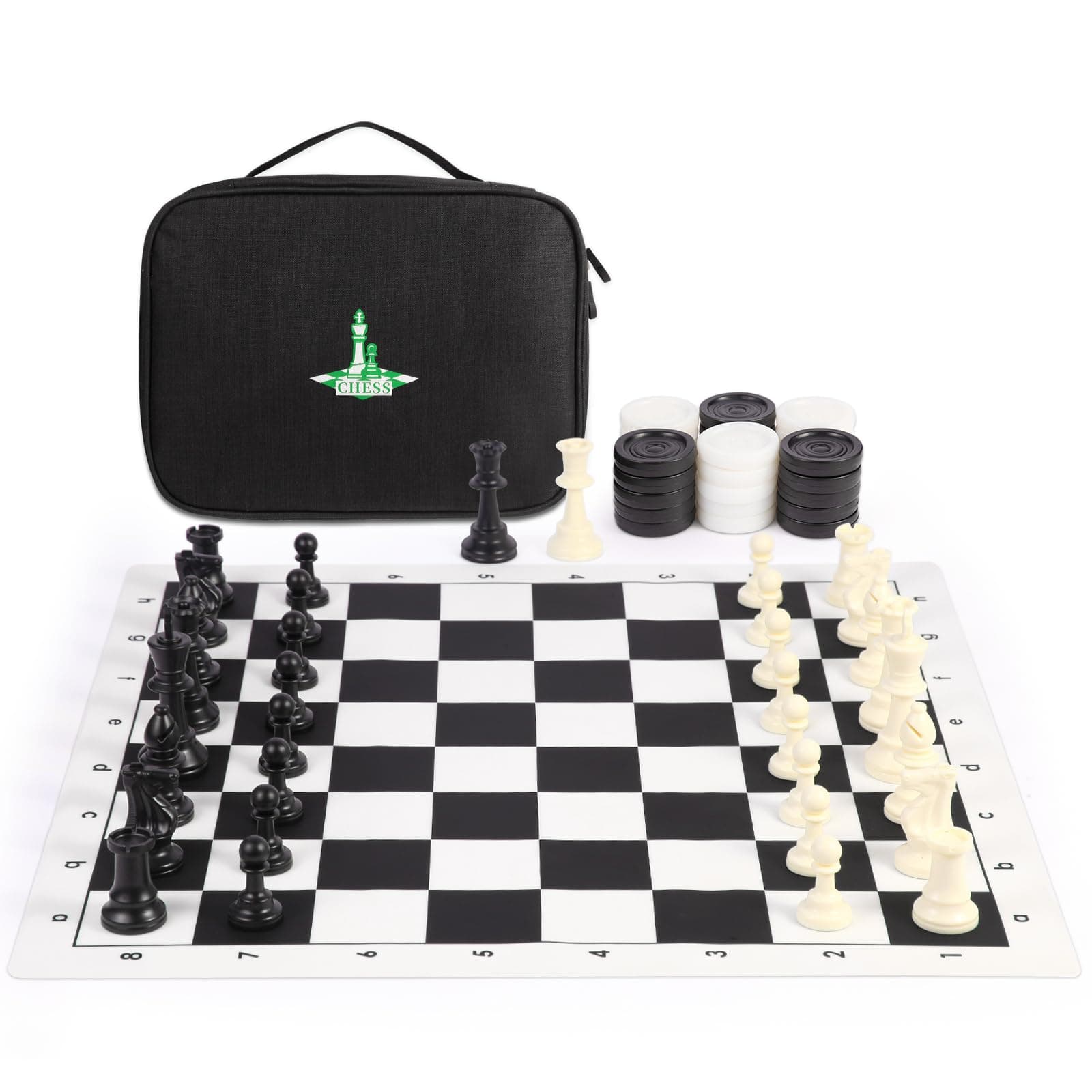 Travel Chess Set 20'' Silicone Chess Board-3.75'' King Height Plastic Piece, Extra Queens & Storage Bag, 2 in 1 Portable Chess & Checker Board Games for Teens and Adults
