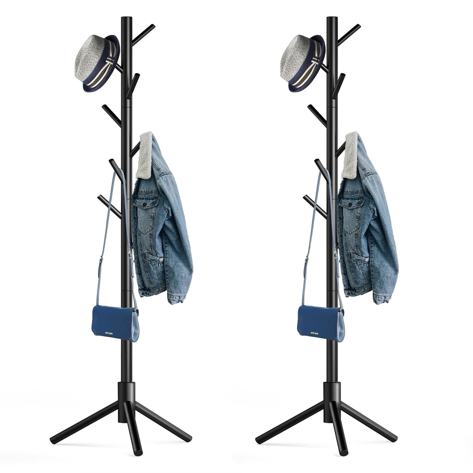 Hupmad Wooden Tree Coat Rack Stand,Sturdy Freestanding Coat Rack with 8 Hooks,3 Adjustable Height for Child Adult,Wood Coat Stand Tree Fits Entryway Bedroom Office for Bags,Hats, 2 Pack