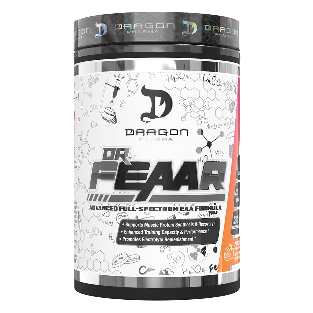 DRAGON PHARMA Dr. FEAAR® Advanced Full-Spectrum EAA Matrix, Supports Muscle Protein Synthesis and Recovery, Enhanced Training Capacity and Performance, 4:1 Ratio of BCAAs (30 Servings, Peach Guava)