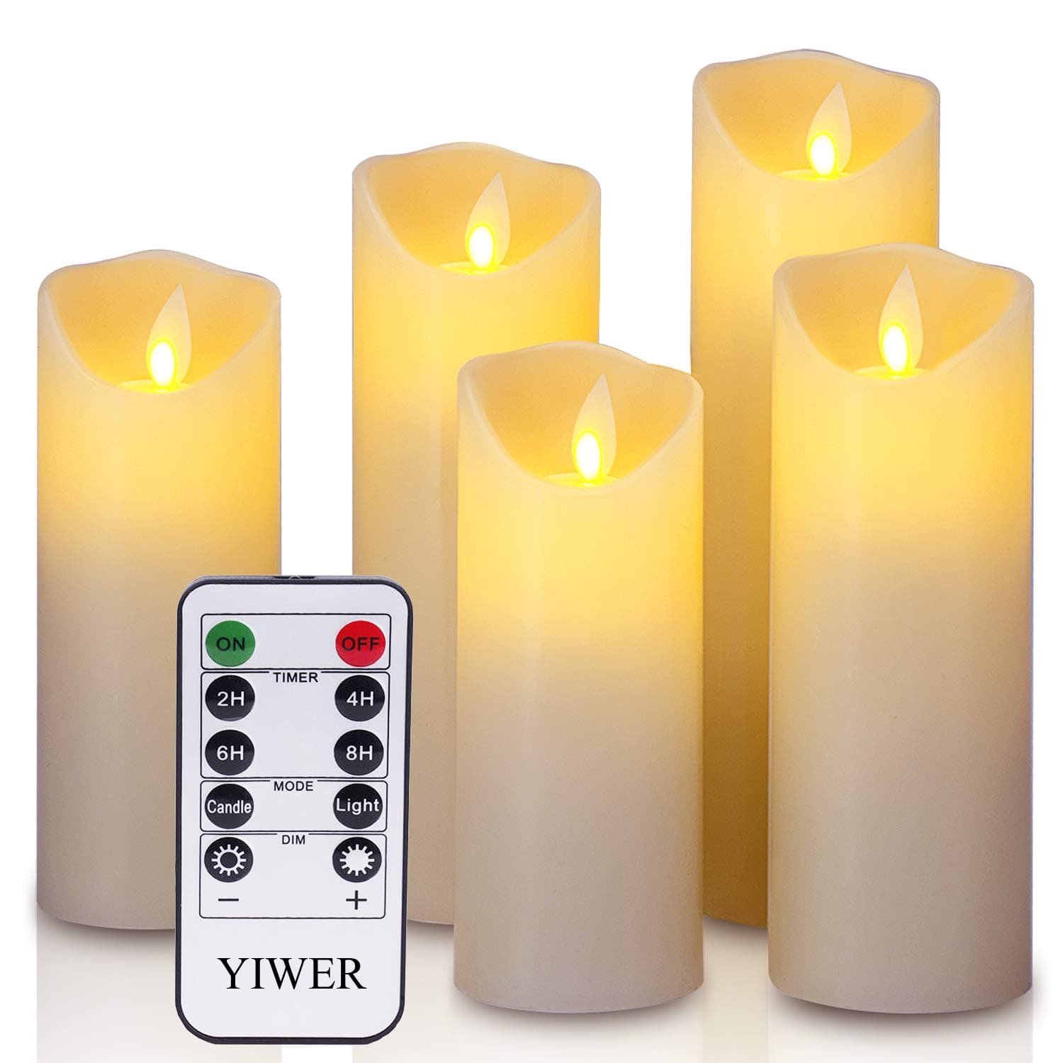 YIWER LED Candles,5.5/6/6.5/7/8 Set of 5 Real Wax Battery Flameless Candles Include Realistic Dancing LED Flames and 10-Key Remote Control with 2/4/6/8-hours Timer Function,300+ Hours (Ivory)