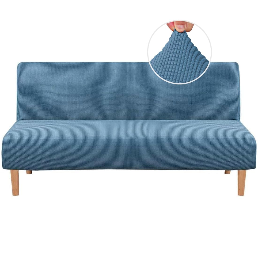 Armless Futon Cover Stretch Sofa Bed Slipcover Protector Elastic Feature Rich Textured High Spandex Small Checks Jacquard Fabric Futon Cover, Machine Washable, Dusty Blue