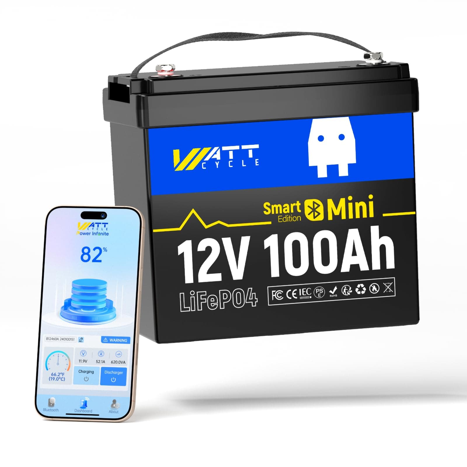 WattCycle LiFePO4 Deep Cycle Lithium Battery 12V 100Ah with Bluetooth, 15000 Cycles, Max Power 1280W, BMS 100A, Low Temperature Protection, Perfect Replacement
