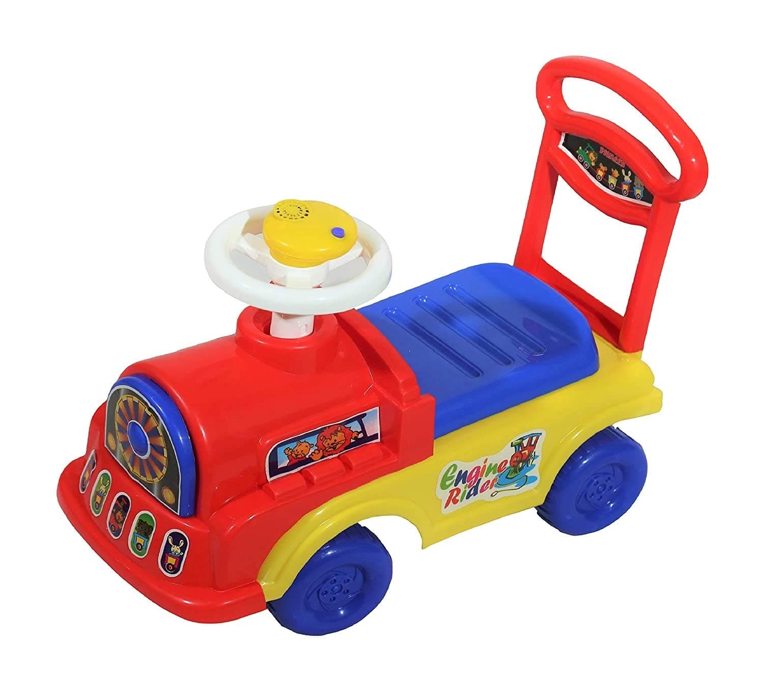 JoyRide Kids Musical Push and Pull Baby Engine Ride-on with Backrest (Multicolour)