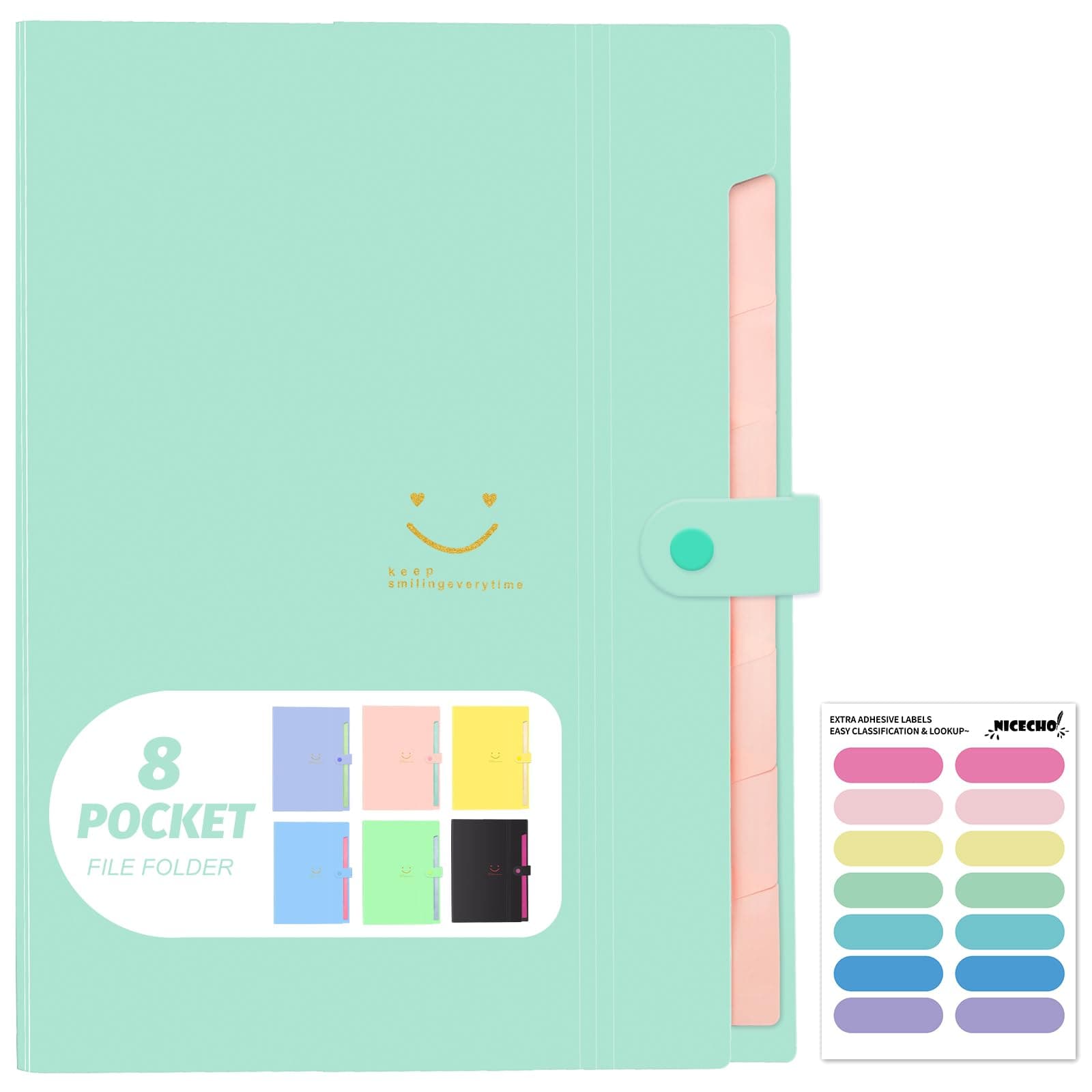 Expanding File Folder, 8 Pockets Accordion File Organizer, A4 Letter Size Paper Document Receipt Organizer Accordian Filing Folder for Classroom, Home, Office and Travel(Green)