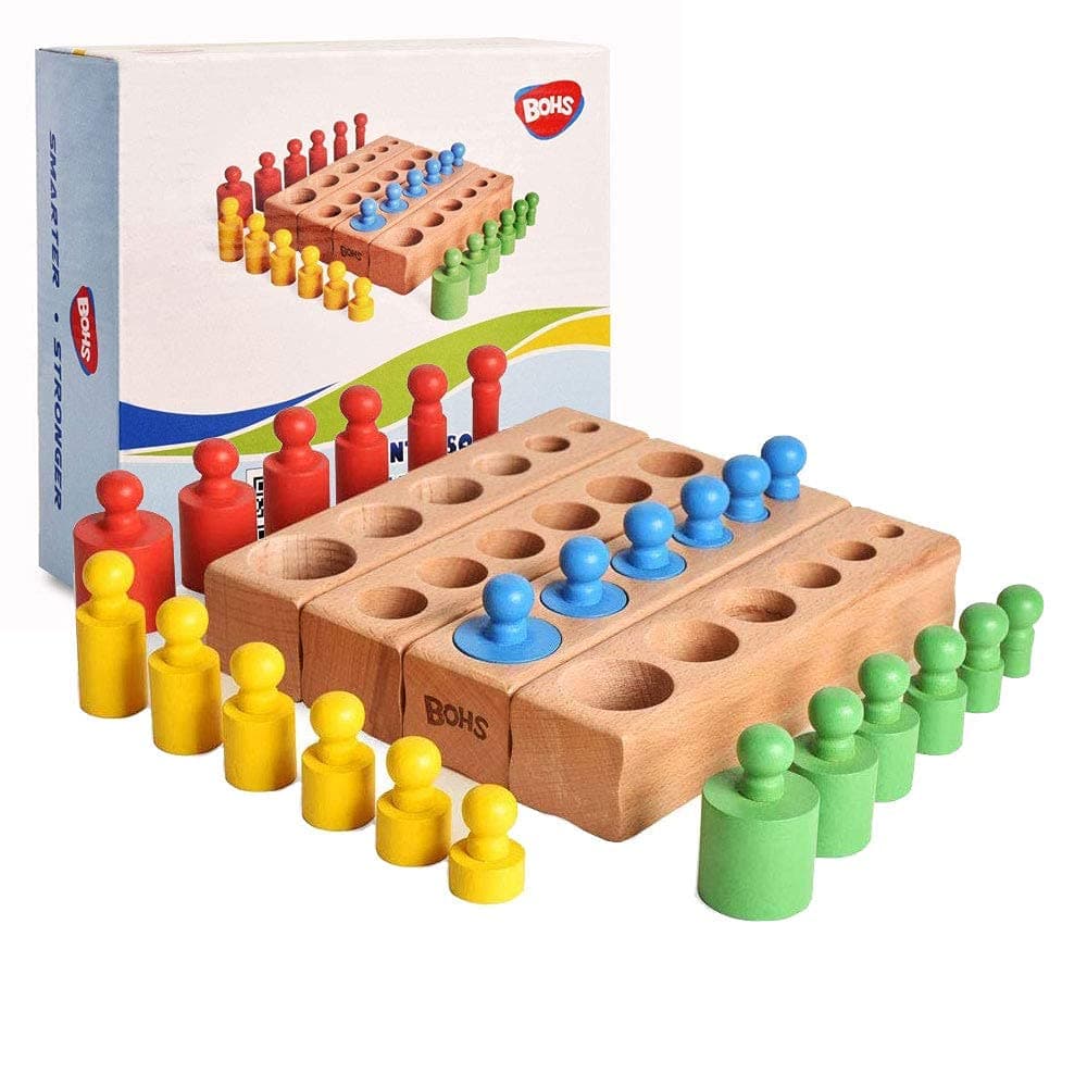 6 Knobs Miniature Montessori Knobbed Cylinder - 6.7 Inches - Colorful Wooden Early Home School Toy - 4pcs Set- Ages 2.5 Years and Up