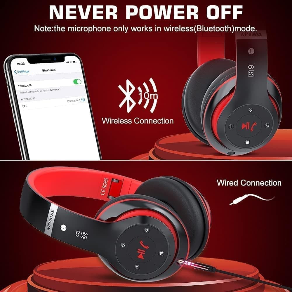 Wireless Bluetooth Headphones Over Ear, Hi-Fi Stereo Foldable Wireless Stereo Headsets Earbuds with Built-in Mic, Volume Control, FM for iPhone/Samsung/iPad/PC (Black & Red)