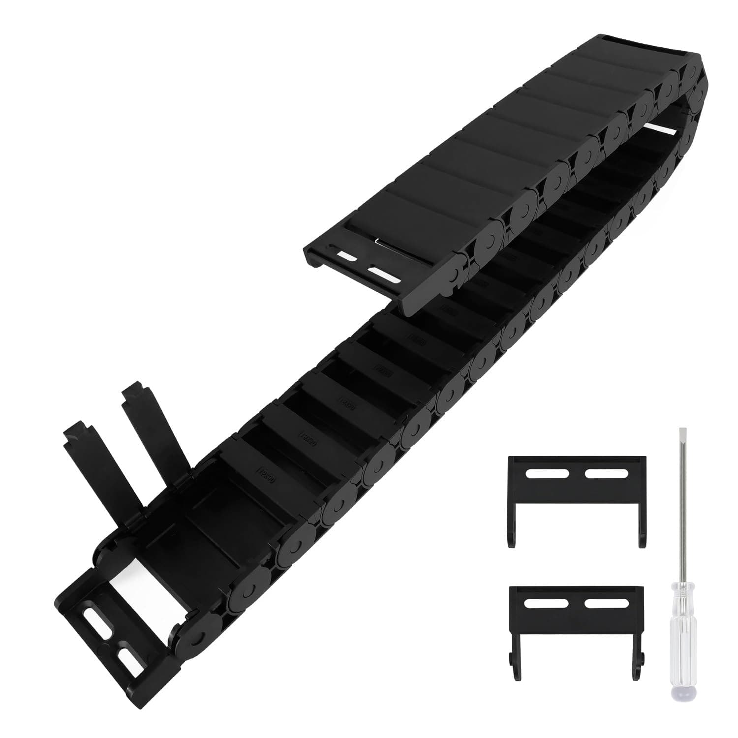 R28/38 15mm x 50mm(Inner H x Inner W) Black Plastic Cable Wire Carrier Drag Chain 1M Length for CNC, with End Connectors - Semi Enclosed Type (Inner Side openable)