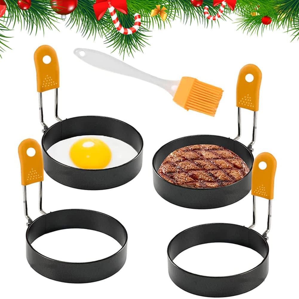 Egg Rings, Ezeso Poached Egg Ring 4 Pack Stainless Steel Round Egg Cooker Rings Egg Pancake Maker Mold Non Stick Circle Coating Breakfast Tool with Anti-scalding Handle and Oil Brush (Orang Set)