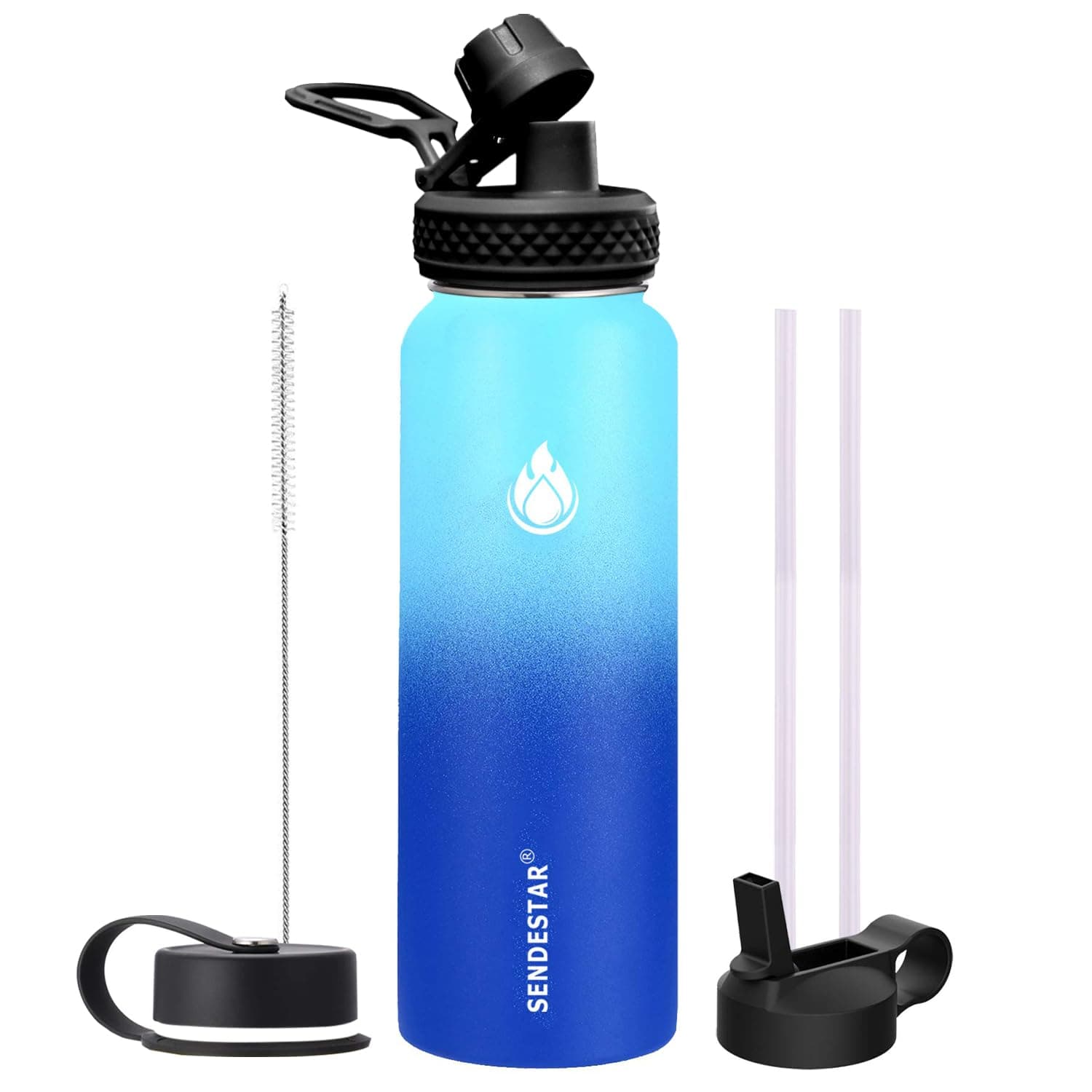 SENDESTAR 32 oz or 40 oz Double Wall Vacuum Insulated Leak Proof Stainless Steel Sports Water Bottle —Wide Mouth with Straw Lid & Flex Cap & Spout Lid (40 oz, Ocean)
