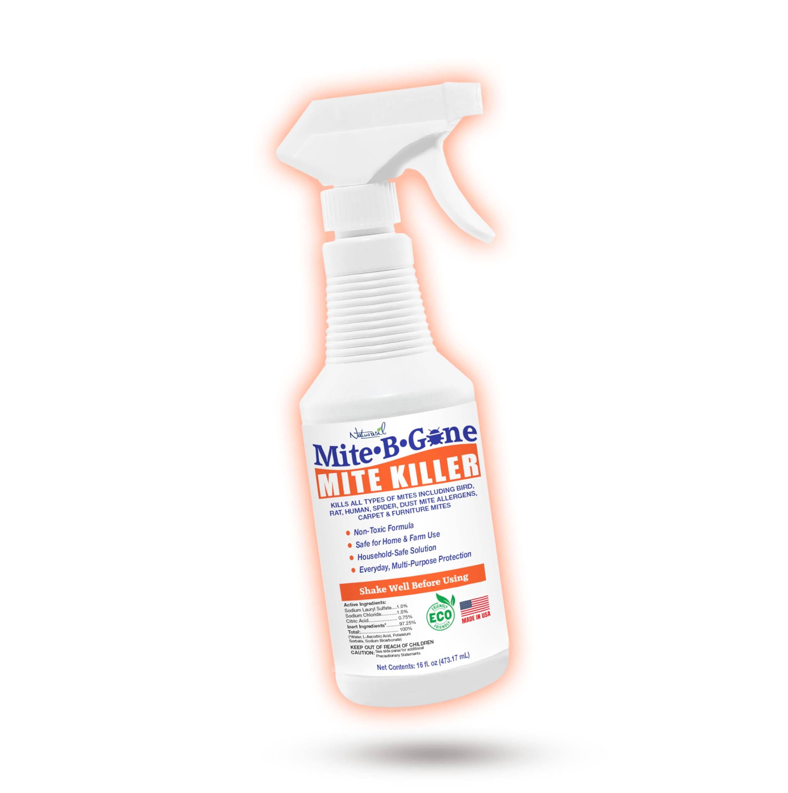 Mite Killer Spray By Mite-B-Gone — Kills Human Mites, Bird, Dust, Spider, Rat, Turkey, Carpet Mites. Treatment For Homes, Furniture, Bedding, Auto & Animals | Non-Toxic Kid Pet Safe 16Oz