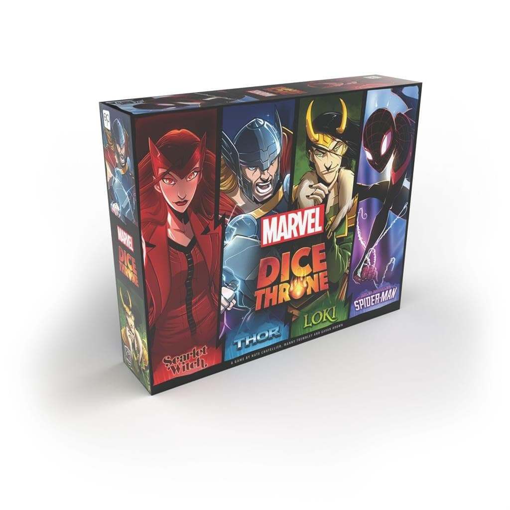 USAOPOLY Marvel Dice Throne 4 Hero Box Featuring Scarlet Witch, Thor, Loki, Spider Man, Black, DT011-754-002200-04, Marvel Dice Throne 4-Hero Box (Scarlet Witch, Thor, Loki, Spider-Man)