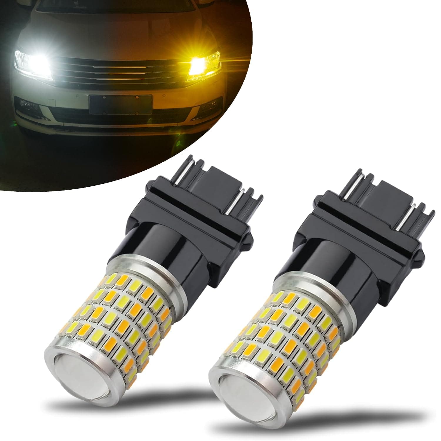 iBrightstar Super Bright 3157 4157 3155 3457 Switchback LED Bulbs with Projector Replacement for Daytime Running Lights/DRL and Turn Signal Lights, White/Amber