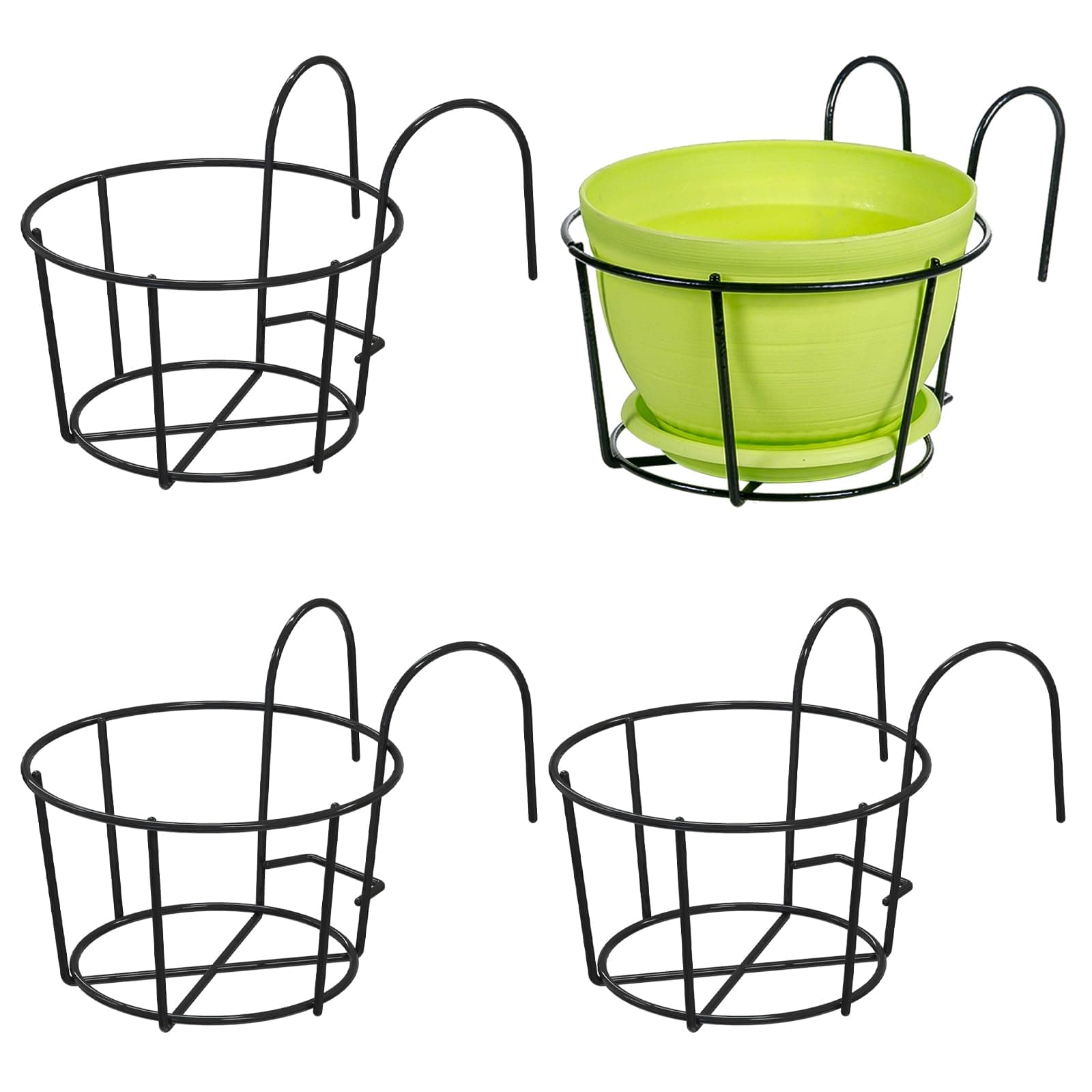 Leoenir 4 Pack Round Hanging Railing Planters - Metal Flower Pot Holder for Balcony and Fence (Black)