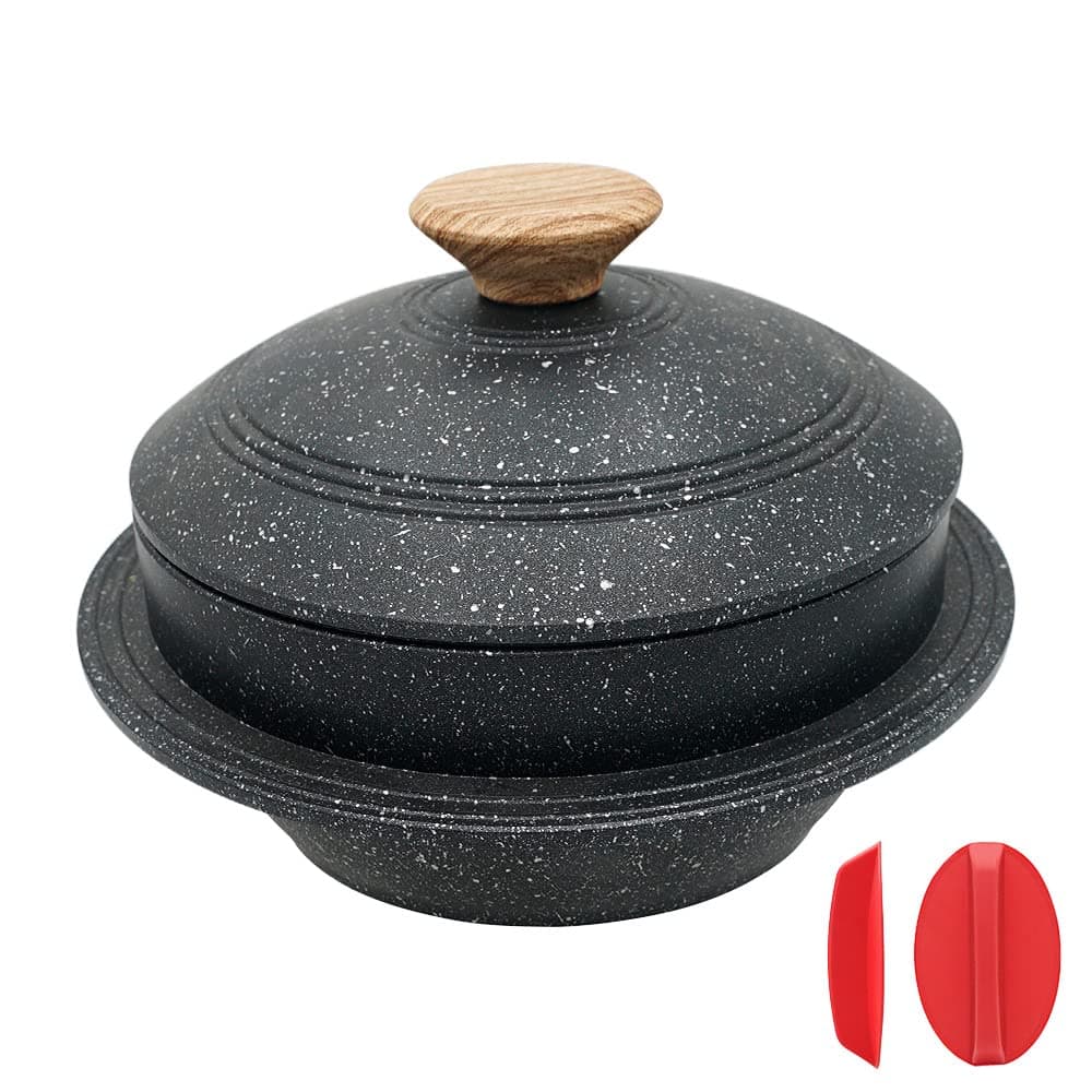 Cast Aluminum Pot with Lid, 63 oz Non-Stick Casserole Dish Korean Stone Bowl Induction Compatible, 1875 ml - Black