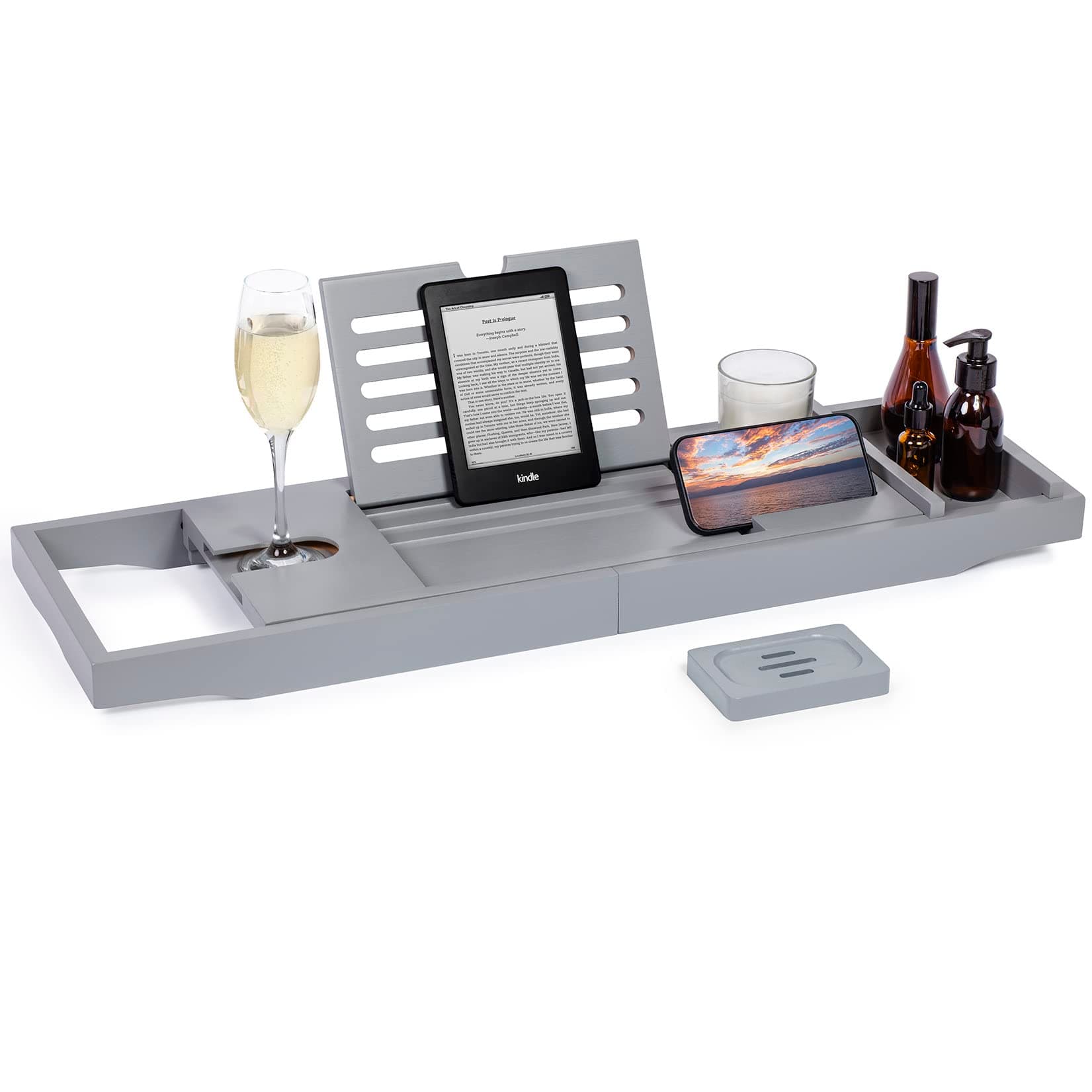 woodluv Bath Tray, Extendable Bath Caddy Trays for Bathtub Accessories with Tablet Phone Slots, Candle Mug/Cup Holder, Bathroom Organiser, Bath trays for across the bath with Soap Holder, Grey