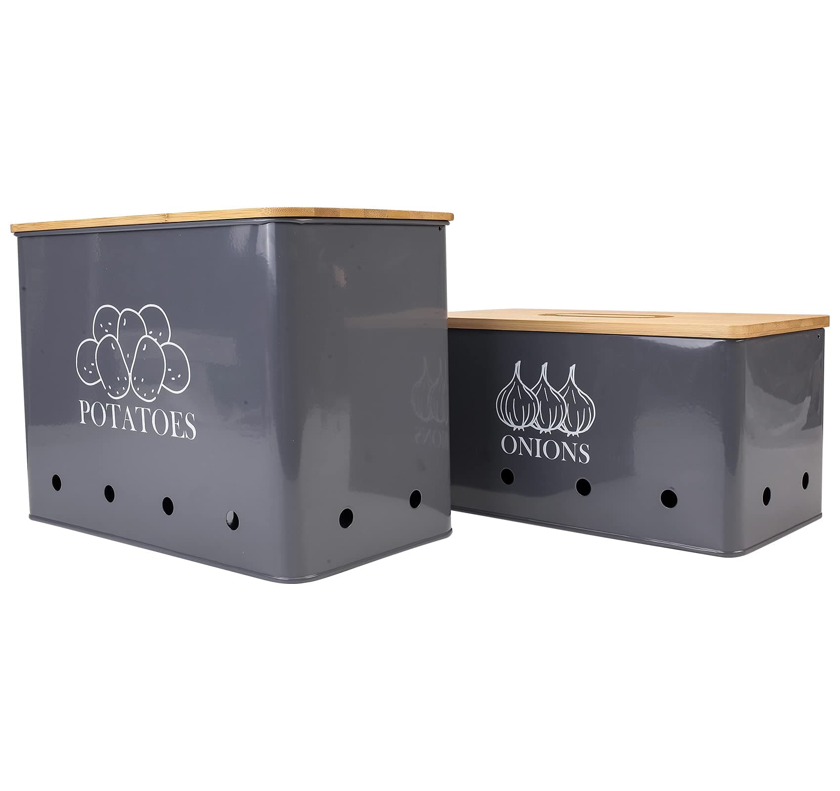 Potato Onion Kitchen Storage Canisters,Storage Bin For Kitchen 2 Pack Set,potatoe, Potato Storage Box,storage And Long Shelf Life With Aerating Tin Storage Holes-gray