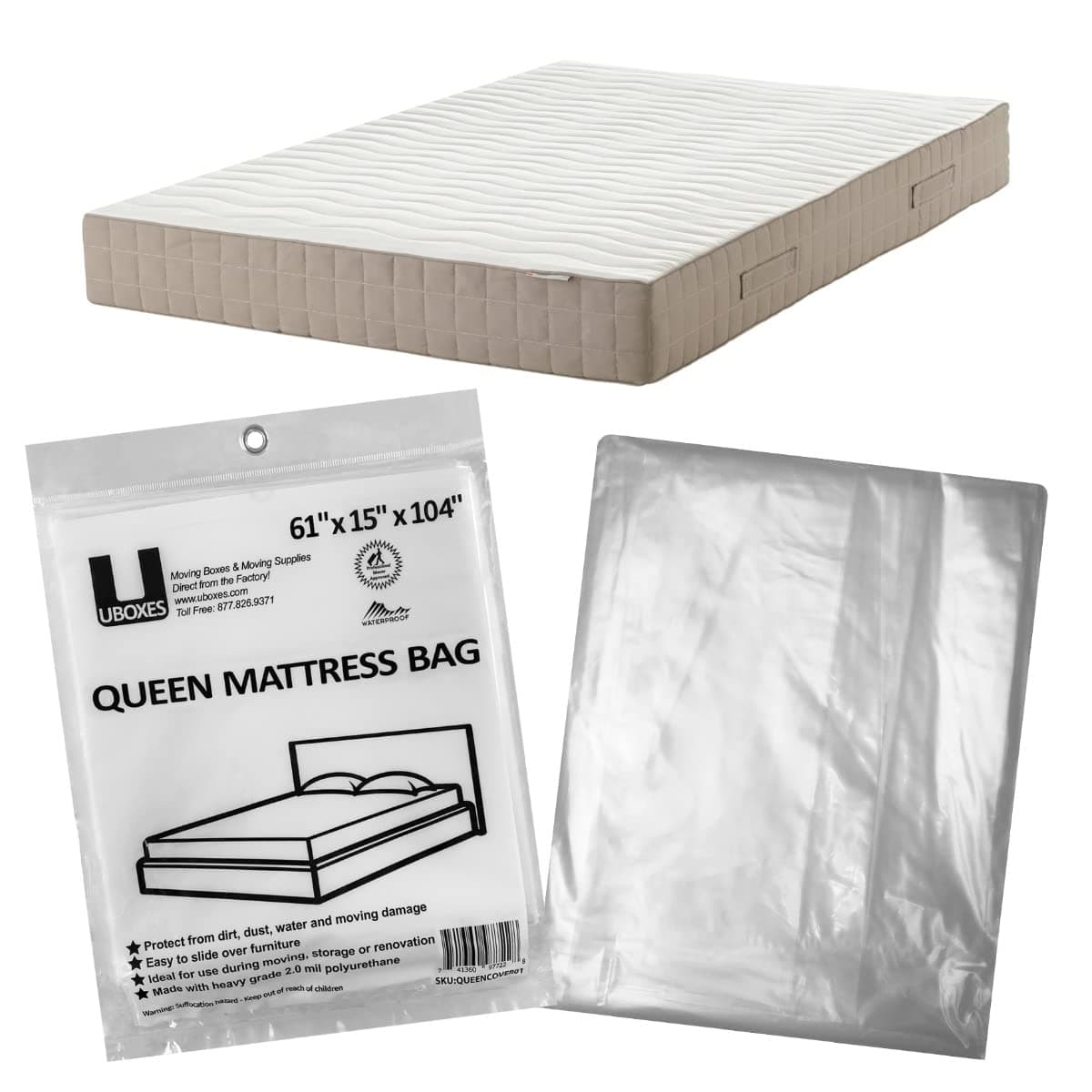 Queen Mattress Clear Plastic Poly Covers, 61 x 15 x 104 inch, Heavy Duty 2 mil, 1 Pack