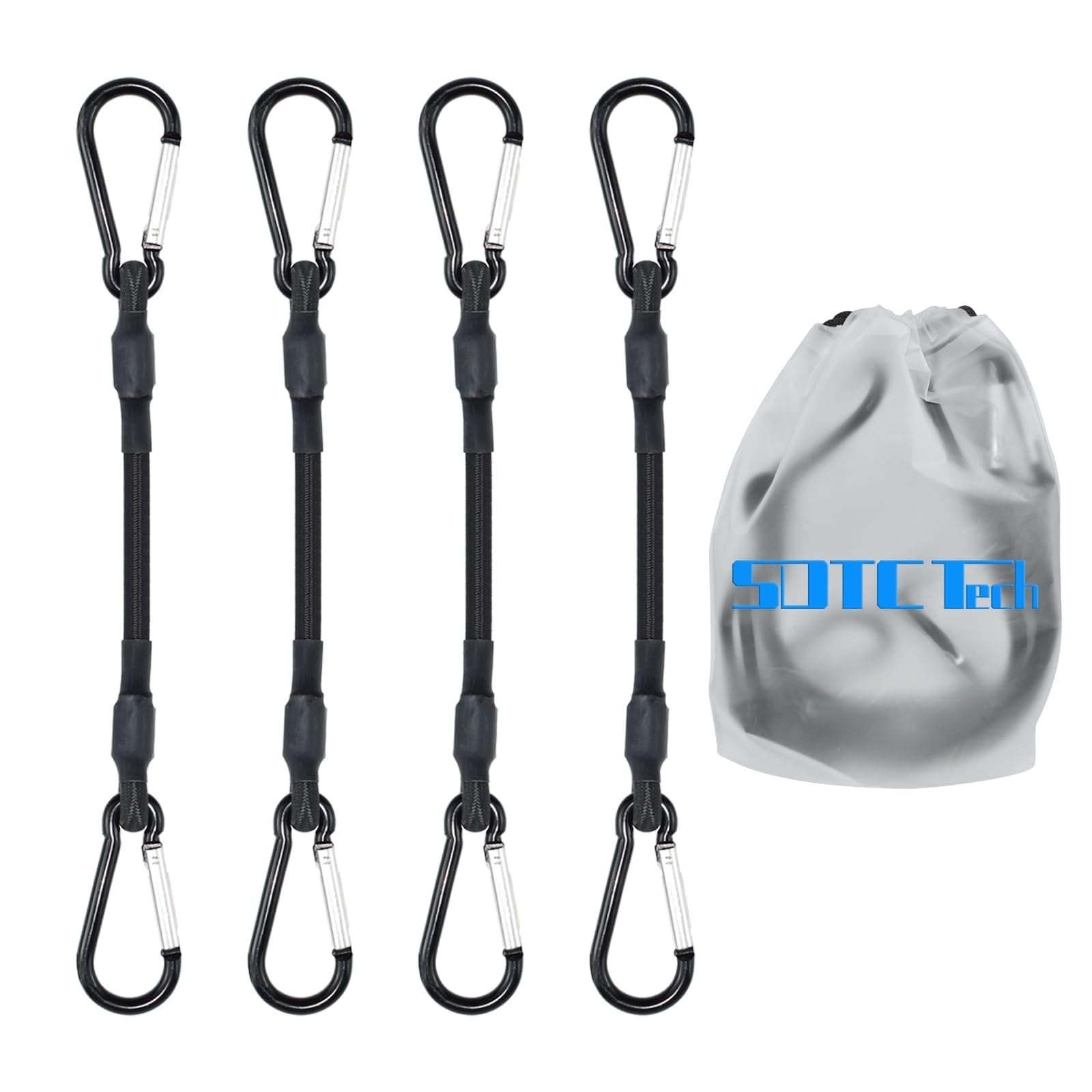 SDTC Tech Mini Short Bungee Cords with Carabiner Hooks Heavy Duty Elastic Tie Downs Straps for Tent, Bike, Kayak, Luggage (4-Pack, Include Clips Total Length 12~13 Inches)