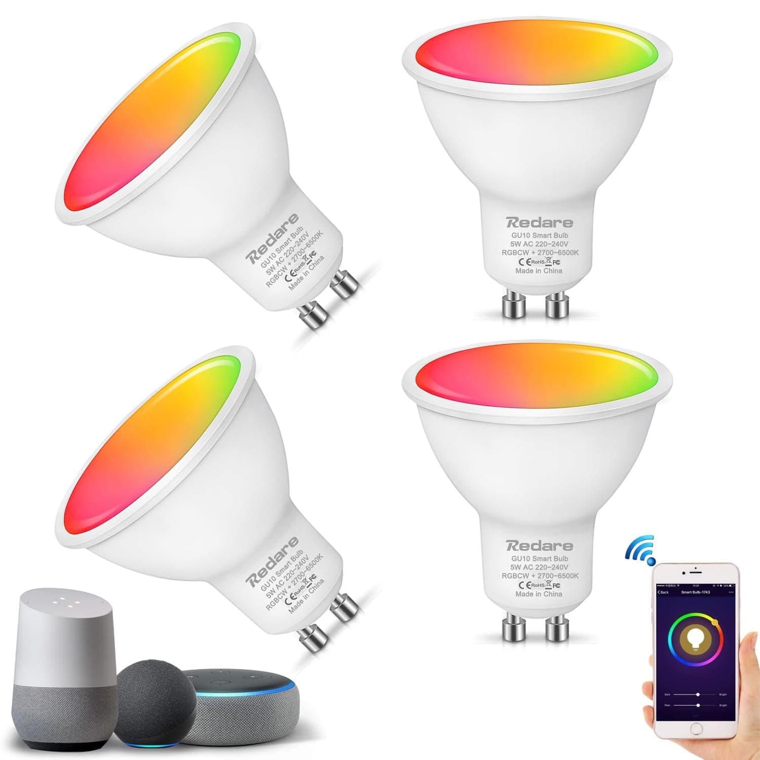 – Redare Alexa GU10 Smart Bulb,Smart Spot Light Bulbs,5W WiFi LED Light Bulb Compatible with Alexa, Google Home,Dimmable RGBCW Color Changing,Cool Warm White,No Hub Required (WiFi GU10, 4 Pack)