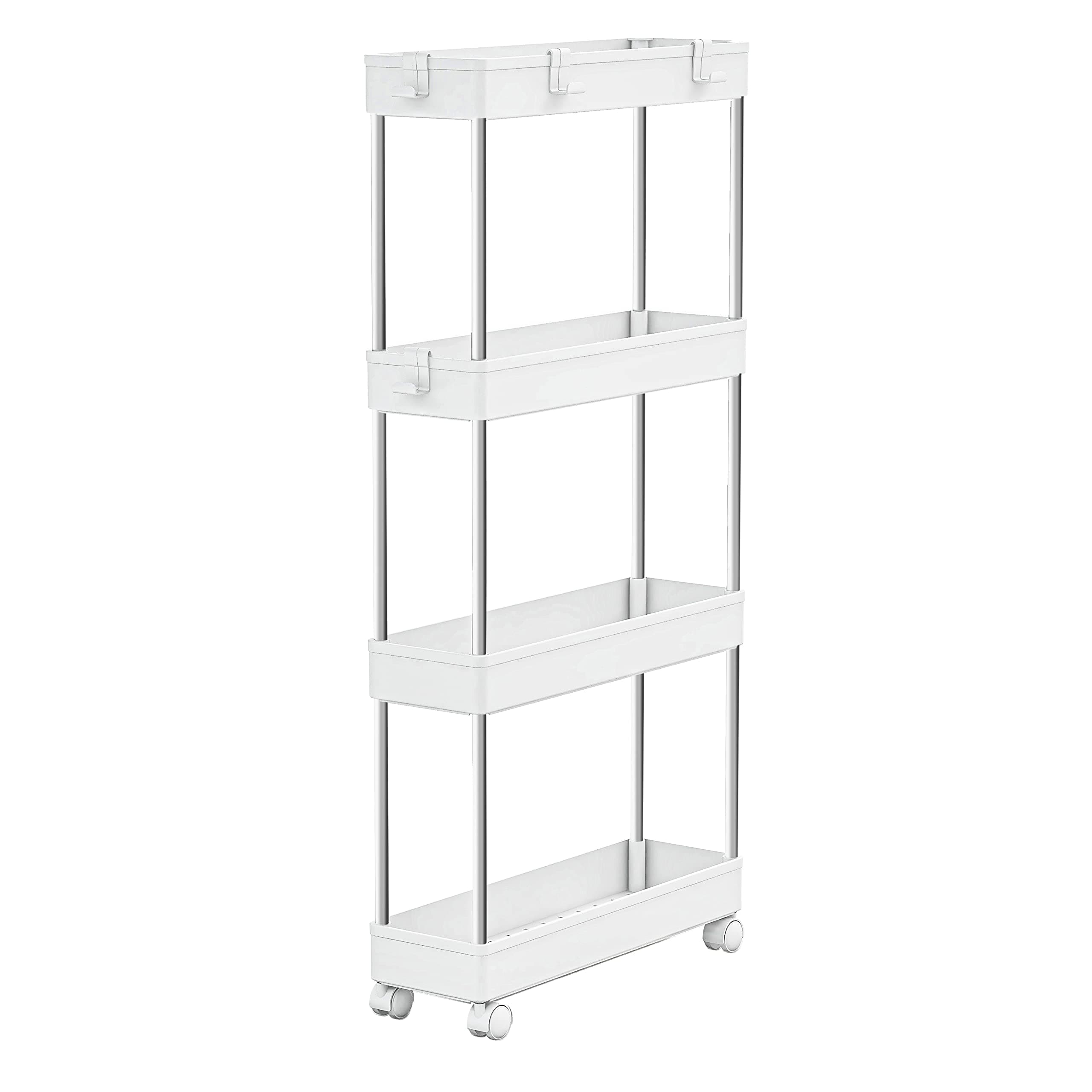 4 Tier Slim Storage Cart Mobile Shelving Unit Organizer Slide Out Storage Rolling Utility Cart Tower Rack for Kitchen Bathroom Laundry Narrow Places, Plastic & Stainless Steel, White