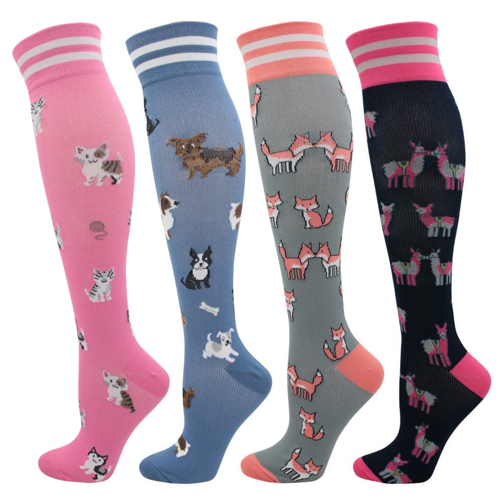 Compression Socks Women Best Support,20-30mmhg,Cute,Fun,Novelty,Graduated) (4pairs-cat/dog/fox/llama, Large/X Large)