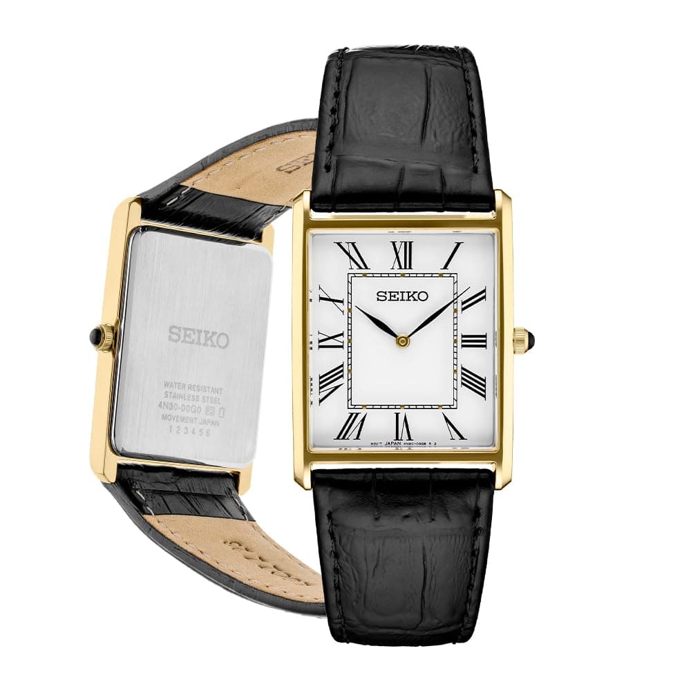 Seiko Essentials Watch for Men - Essentials - Water Resistant with Stainless Steel Rectangular Case and Leather Strap