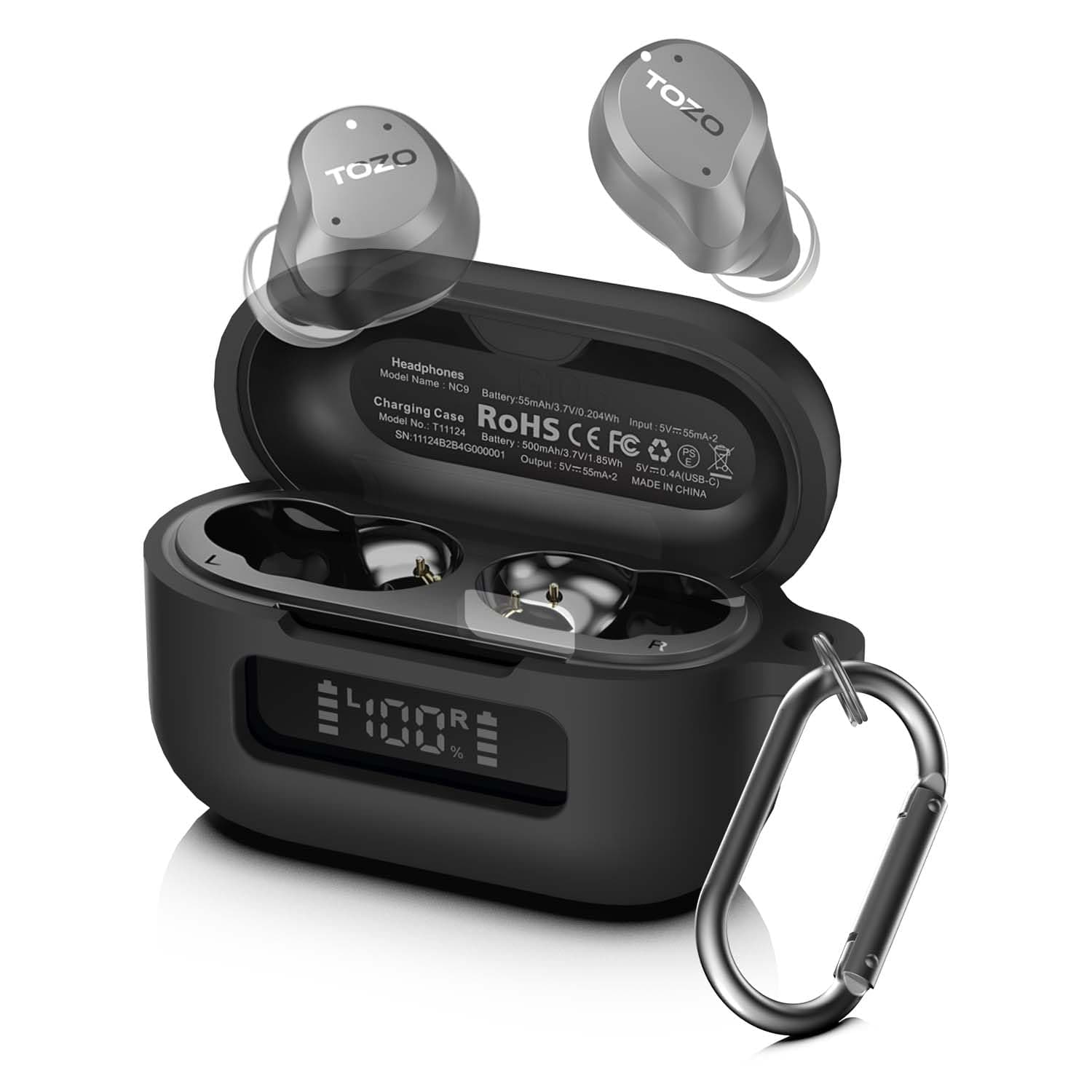 for TOZ0 NC9(2024) Case Cover, Silicone Protective Battery Display Visible Design Cover ONLY for TOZO NC9 Hybrid Active Noise Cancelling Wireless Earbuds 2024 Version with Carabiner-Black