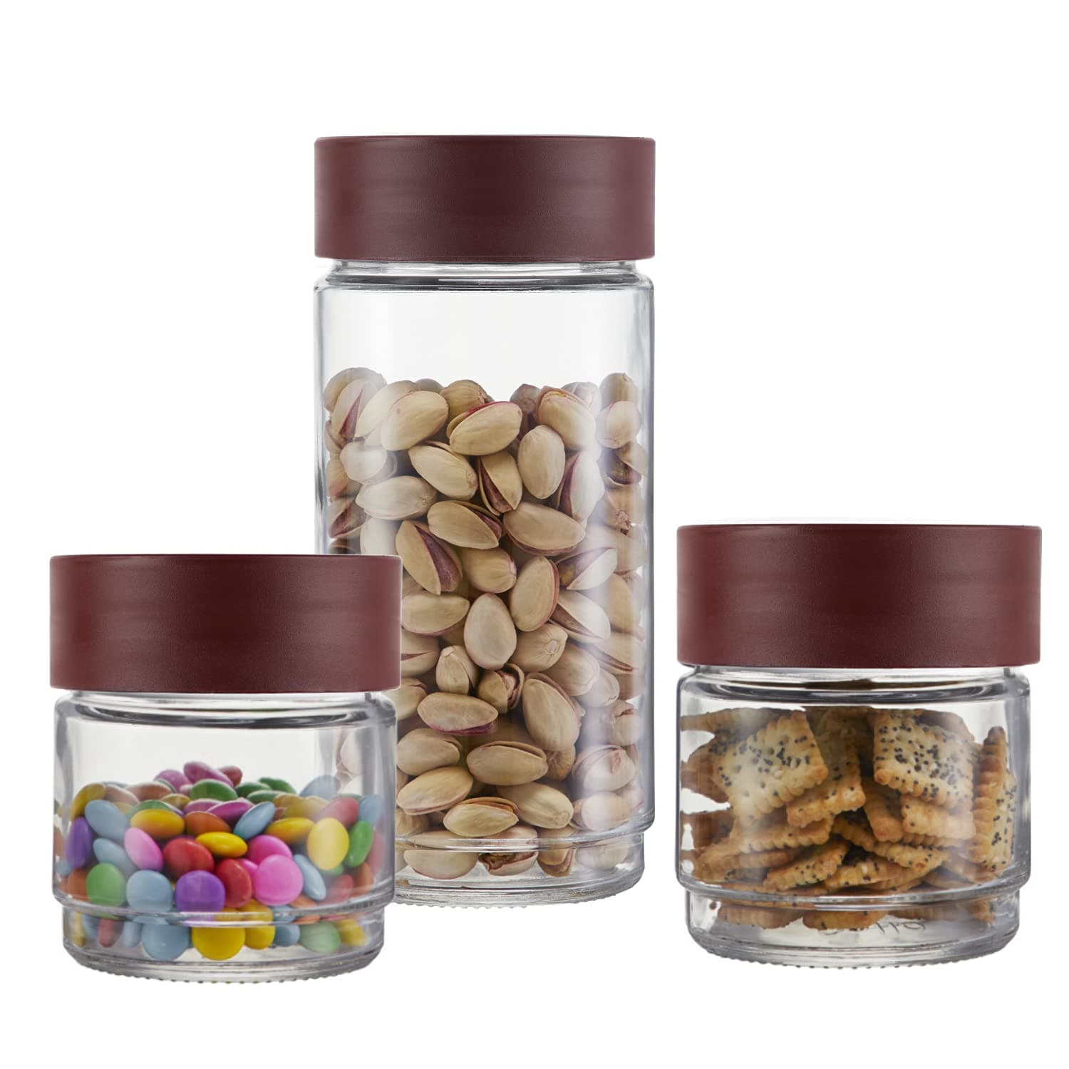 CELLO Modustack Glassy Storage Jar, Set of 3(500mlx2+1000ml), Maroon