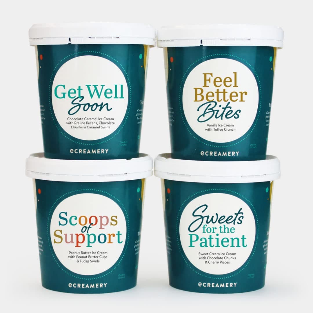 eCreamery Get Well Soon 4 Pint Ice Cream Care Package Gift - Gourmet Specialty Handcrafted Ice Cream Shipped Right to their Door - Gluten Free Ice Cream Assortment with a variety of chocolate and vanilla based ice cream flavors