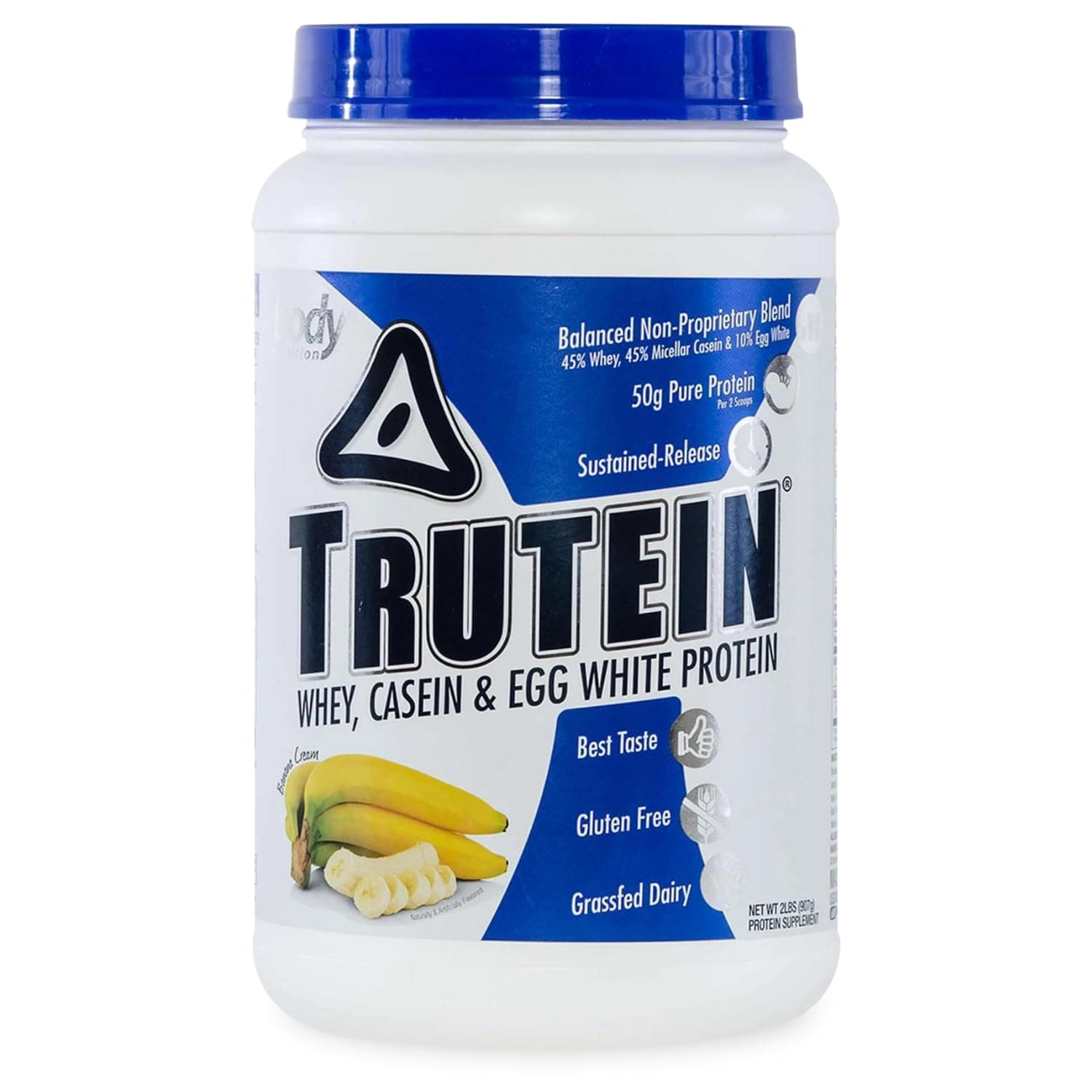 Trutein High Protein Powder: 45% Whey, 45% Casein, 10% Egg White, Gluten-Free, Low Sodium, Grass Fed Whey Protein Powder, Gym Supplement & Breakfast Shake, Banana Cream, 2lb