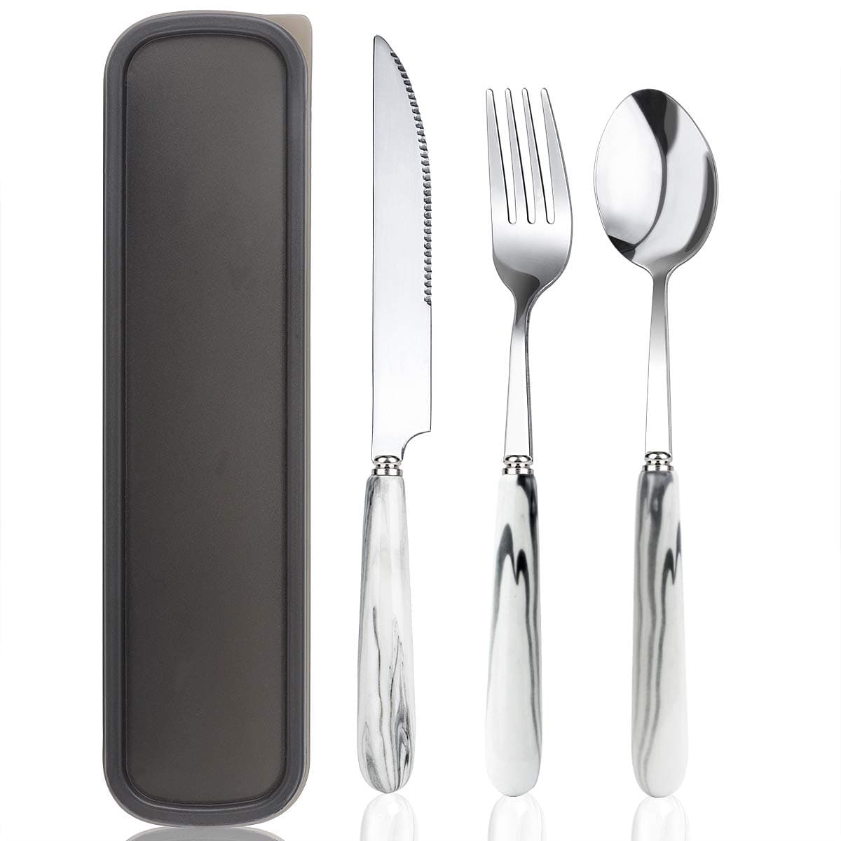 Portable Cutlery Set, 3PCS Ceramics Handle Reusable Flatware Set Knife Fork Spoon Stainless Steel Utensil Set for Travel/Camping/Office Lunch with Carry Case (Grey)