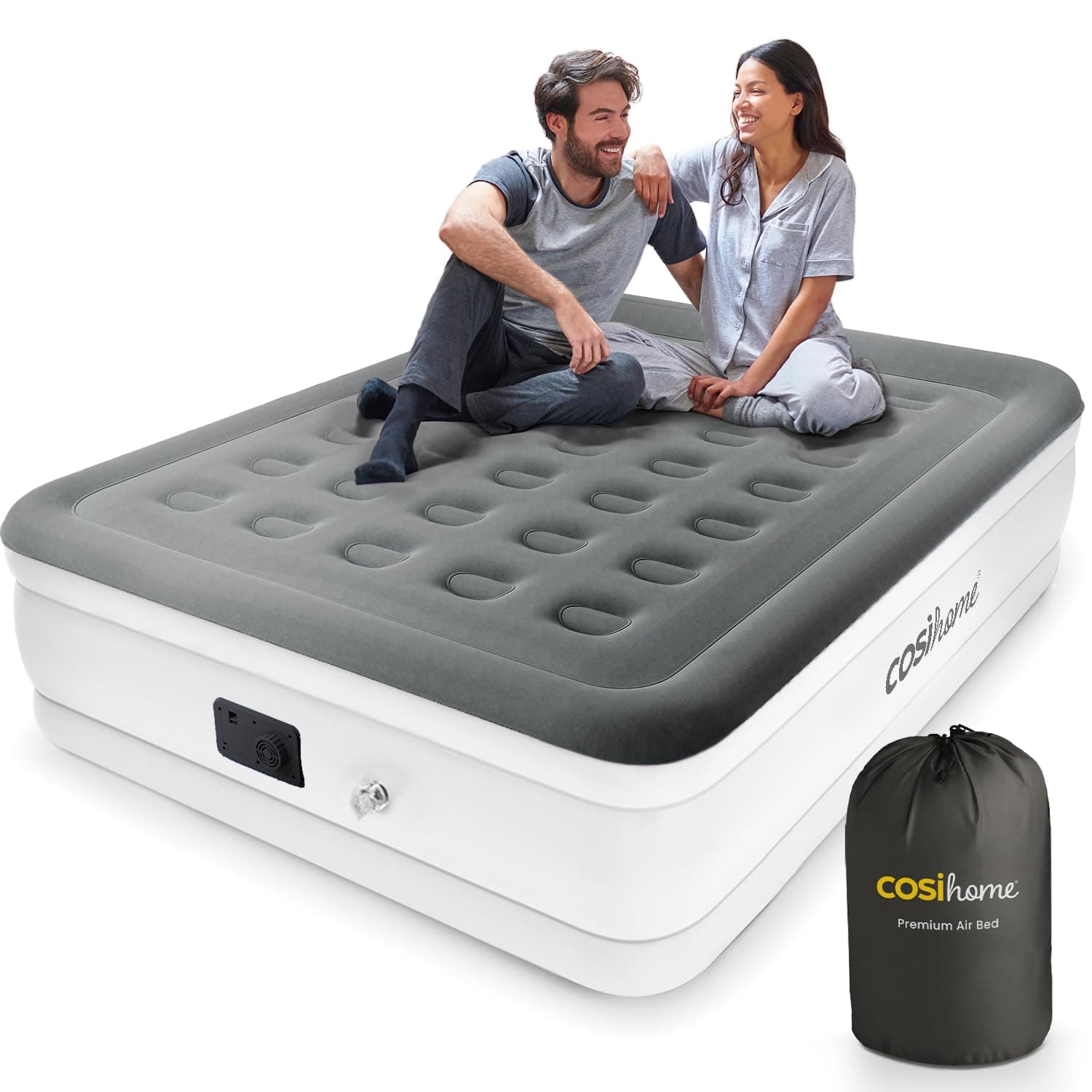 Cosi Home Premium King Size Air Bed with Built in Pump, Blow Up Mattress with Flocked Top, Integrated Pillow & Storage Bag. Best inflatable bed for Guests, Camping & Home Use. 203 x 152 x 48cm, White