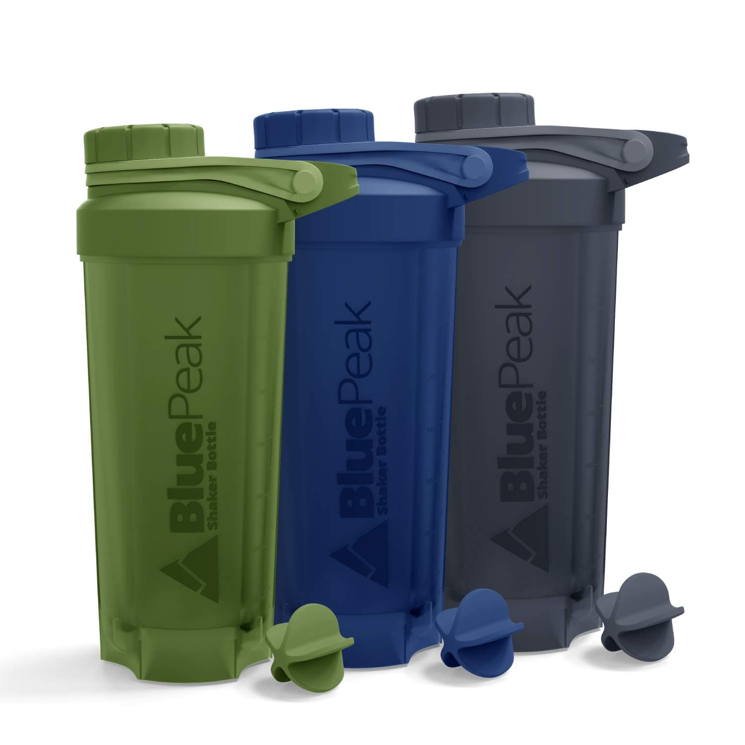 BluePeakProtein Shaker Bottle 28 oz with Twist Cap, Strong Loop Top, BPA Free, Dishwasher Safe, Shaker Balls Included - On-The-Go Large Protein Shakers (3 Pack - Green, Blue, Gray)