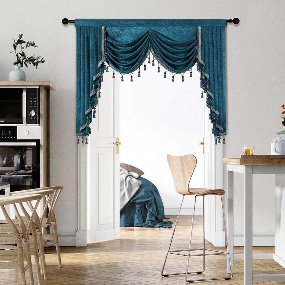 ELKCA Thick Chenille Window Curtains Valance for Living Room Peacock Blue Waterfall Valance for Bedroom,Rod Pocket (W59,1 Panel)