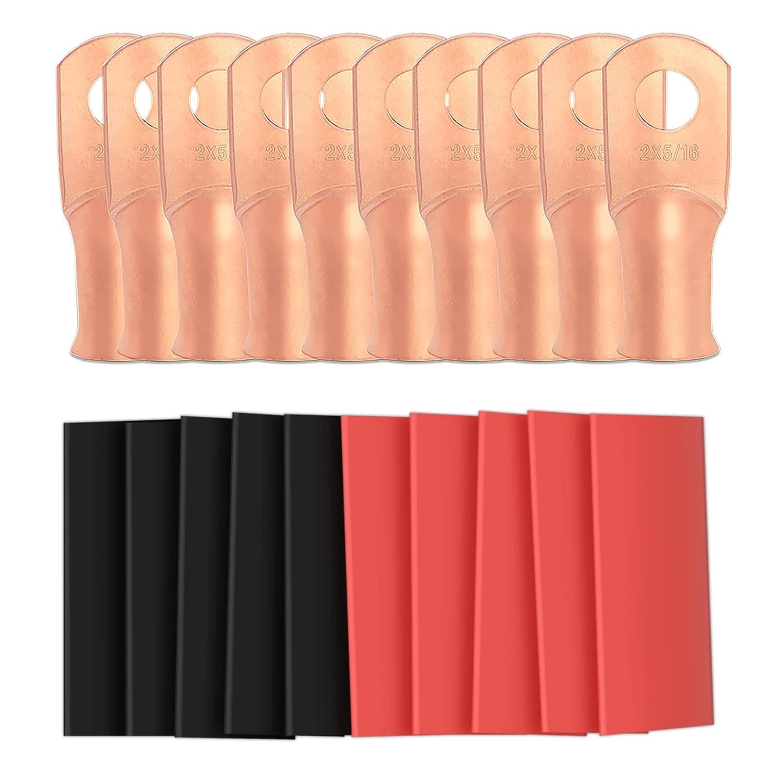 Sanuke 2 AWG - 5/16" Battery Terminal Connectors, Copper Wire Lugs Assortment Battery Cable Ends with 3:1 Heat Shrink Tubing