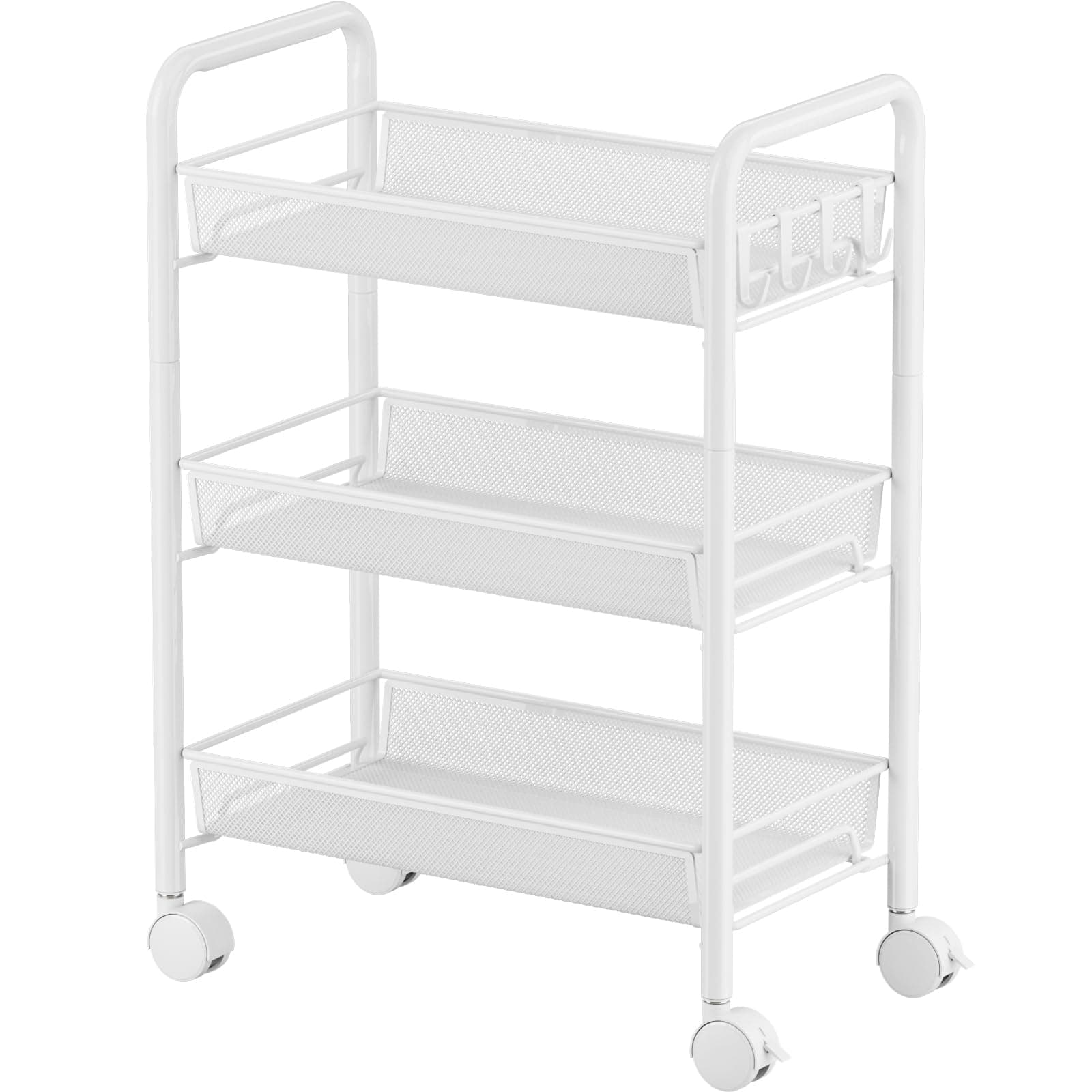 3-Tier Rolling Utility Storage Rack Cart on Wheels, Trolley Craft cart, Multi-Purpose Organizer Shelf, White