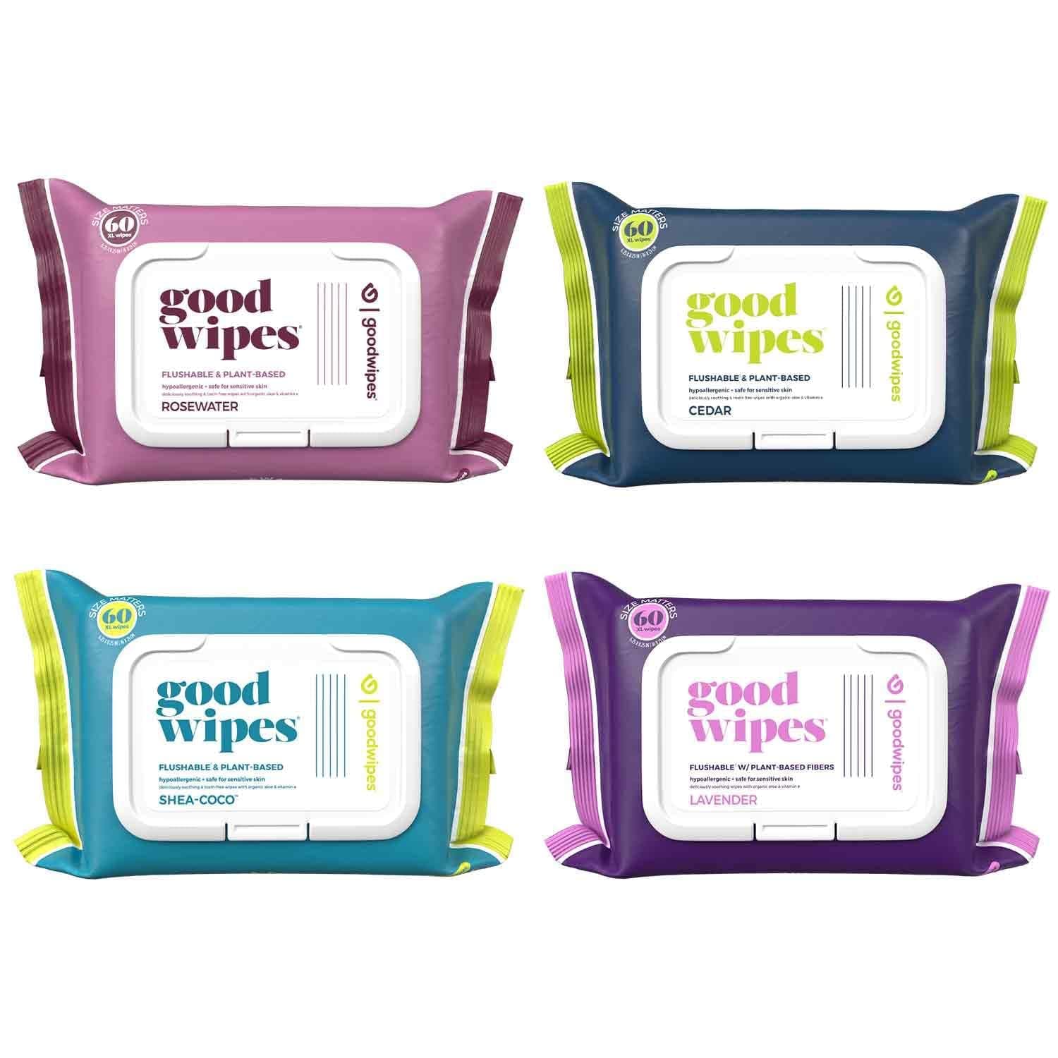 Goodwipes Flushable & Biodegradable Wipes with Botanicals, Dispenser for At-Home Use Safe, Shea-Coco with Aloe, Septic and Sewer Safe (4 Variety Scent Pack)