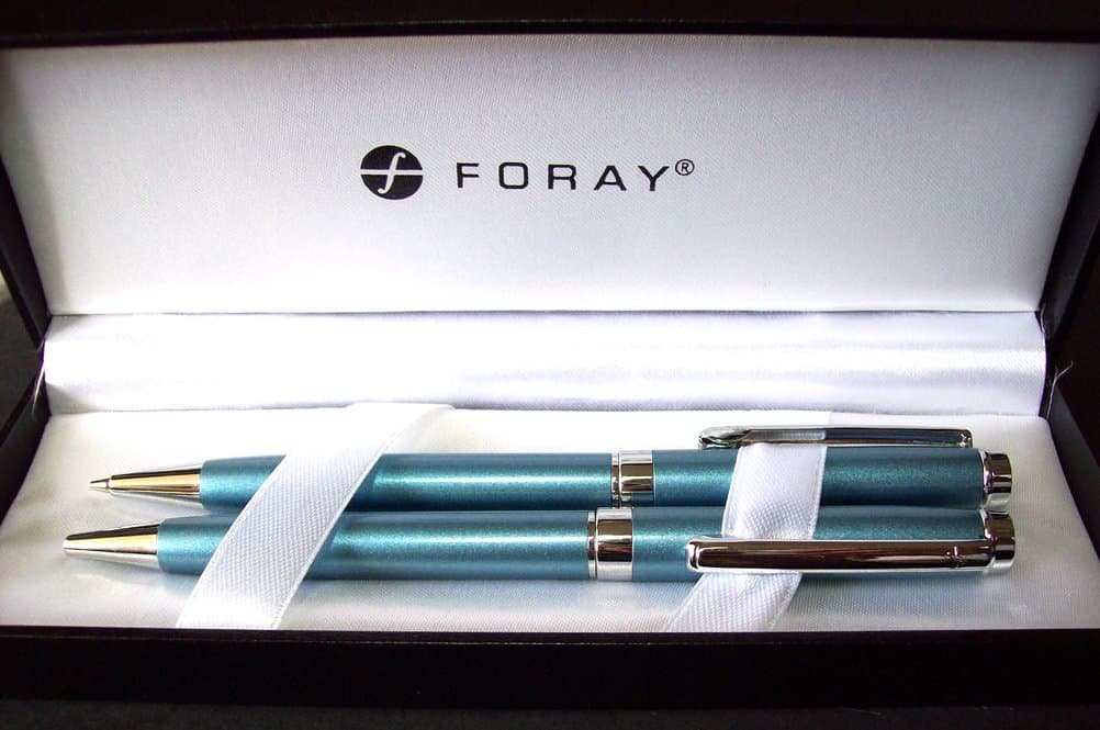 Foray Ballpoint Pen and Mechanical Pencil Gift Set, Microtip, Black Ink, Blue and Silver Barrel