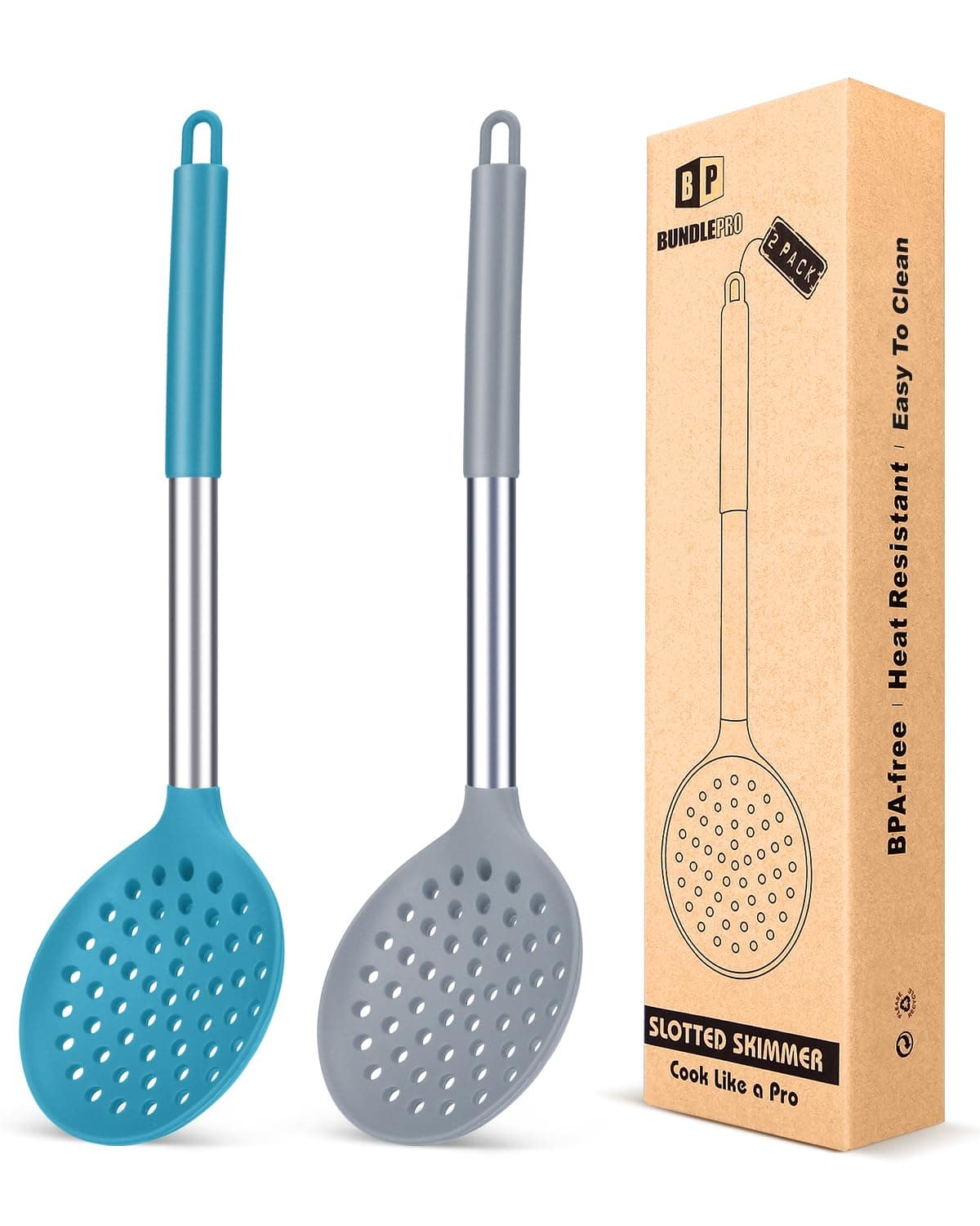 BUNDLEPRO Kitchen Ladle Strainer Set of 2 Large Slotted Spoon with High Heat Resistant BPA Free Non Stick Cooking Skimmers For Draining & Frying (Grey and Teal Blue)