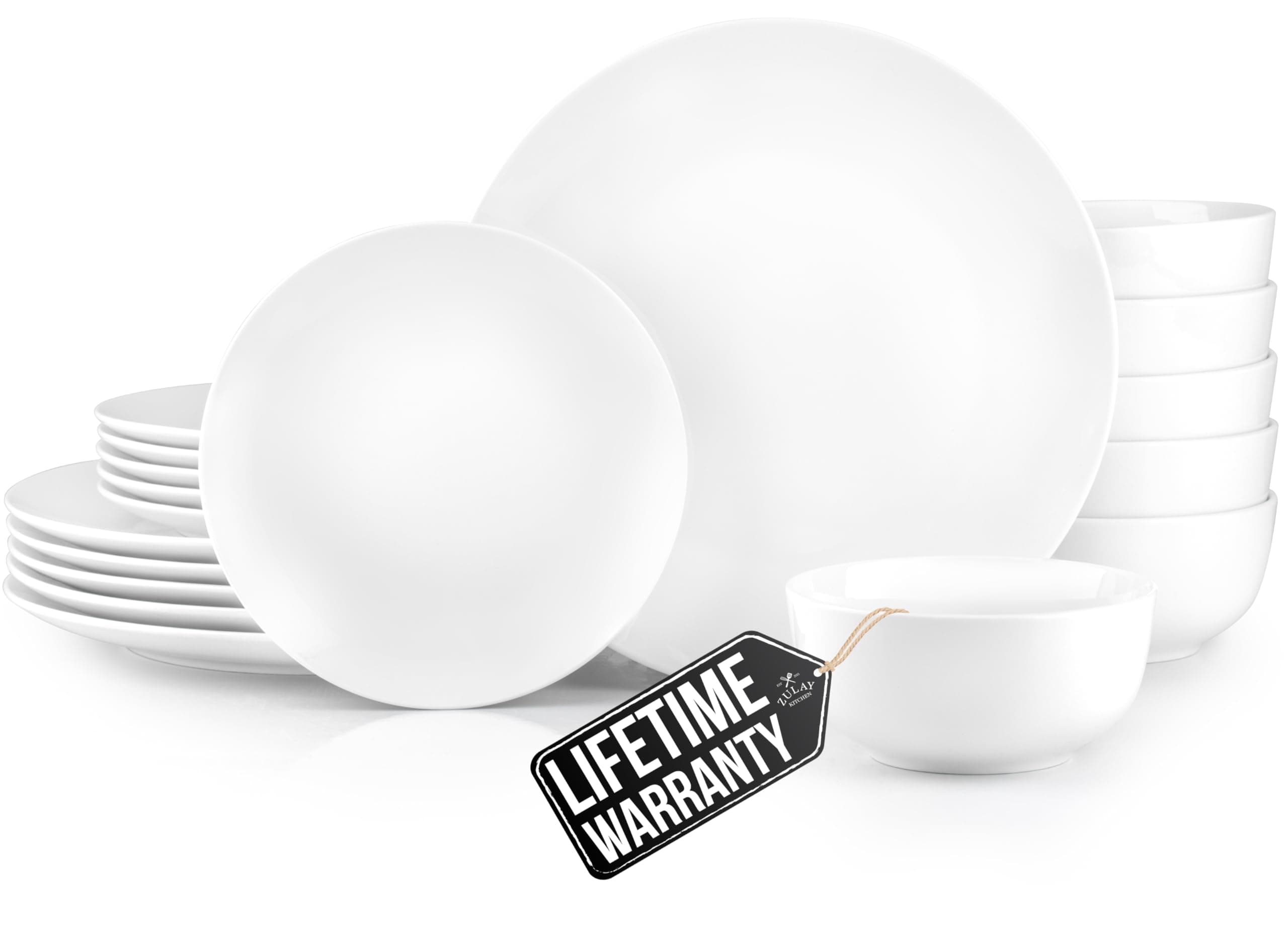 Zulay Kitchen Icon Porcelain Dinnerware Set, Service For 6 - Chip & Scratch Resistant White Plates And Bowls Sets - Microwave & Dishwasher Safe - White