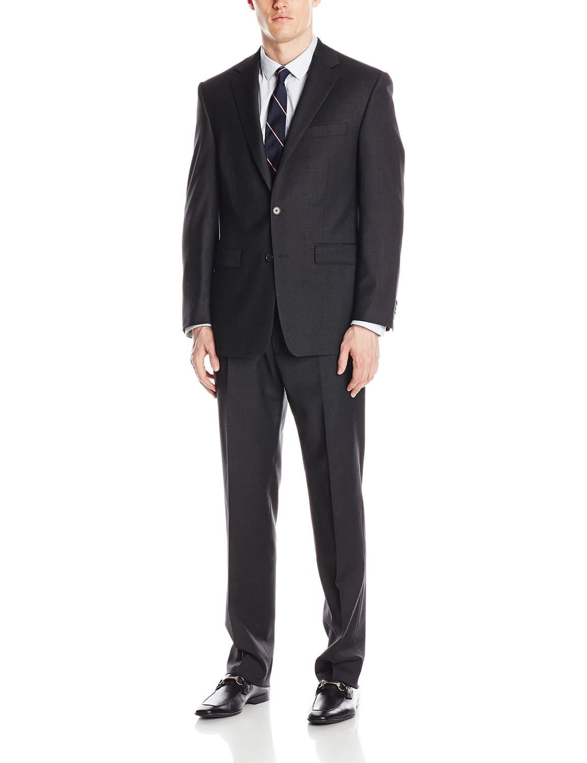 Adam Baker Men's 100% Wool Portly Fit Two-Piece Solid Suit Set - Colors