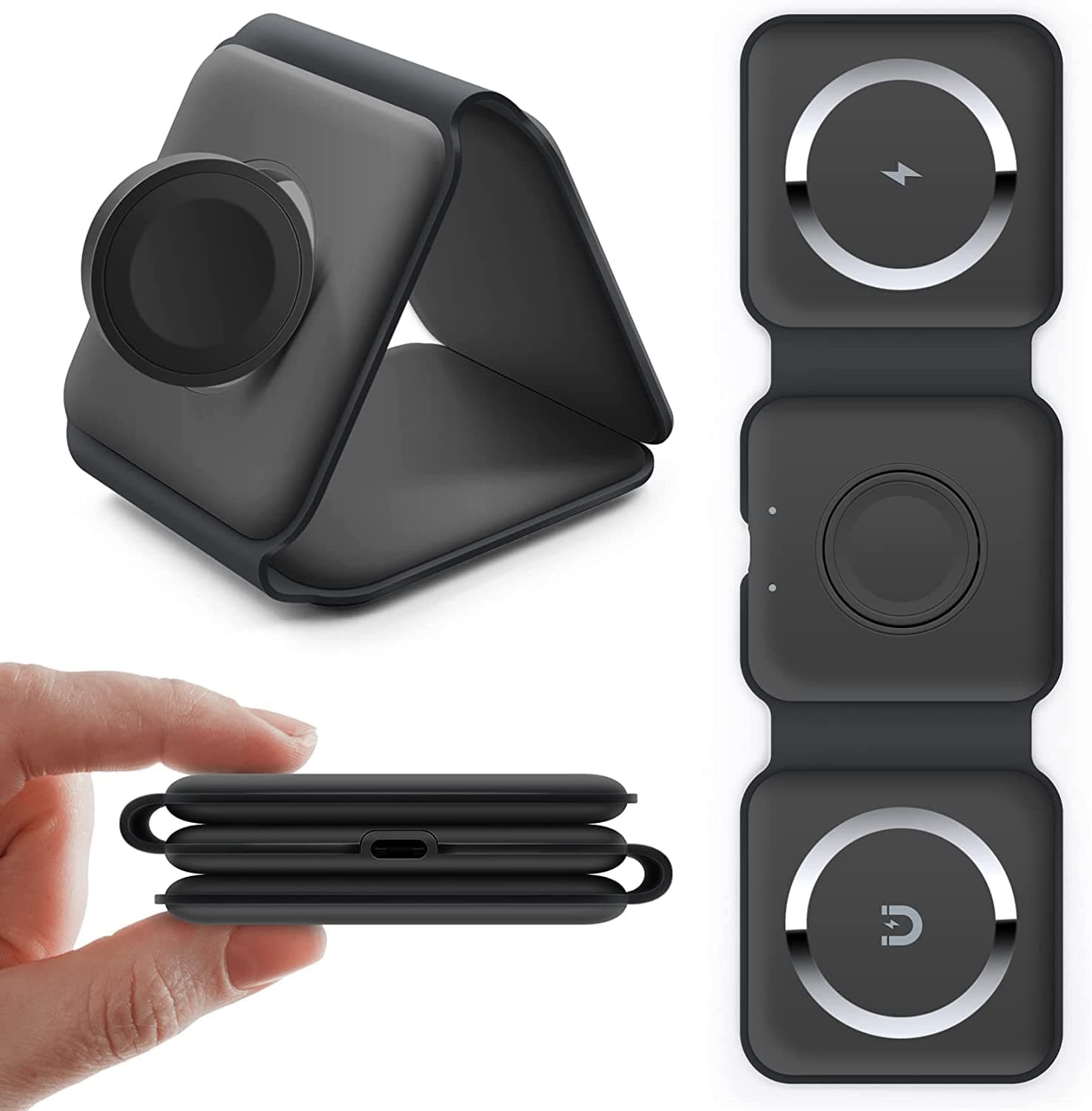 PADOM3 in 1 Wireless Charger,Magnetic Foldable Charging Station,Fast Wireless Charging Pad (BLACK) USB
