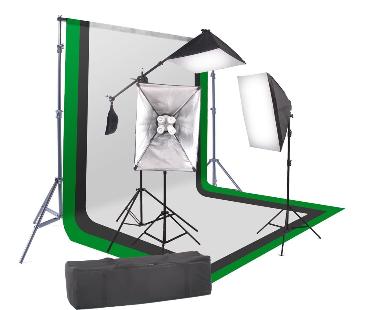 StudioFX2400 Watt Softbox Continuous Photo Lighting Kit 16"x24" + Boom Arm and 6'x9' Black, White, Chromakey Green Backdrop with Support Stand for Photography Video Studio H9004SB-69BWG by Kaezi